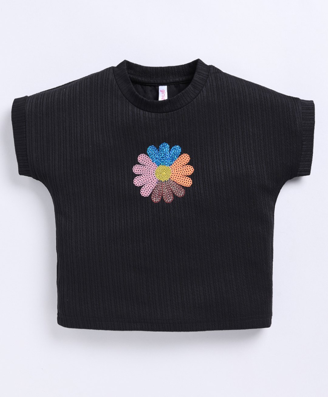 giniekids Knit Half Sleeves Sequins Embellished Floral Designed Top - Black-picture-21