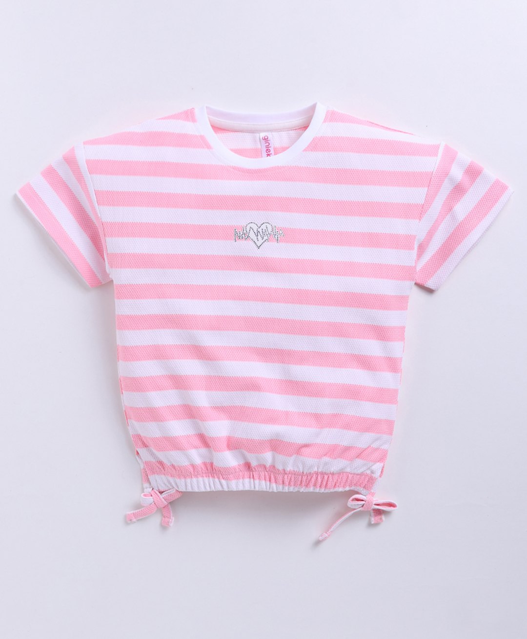 giniekids Knit Half Sleeves Striped & Heart Patch Detailed Top - Pink-picture-35