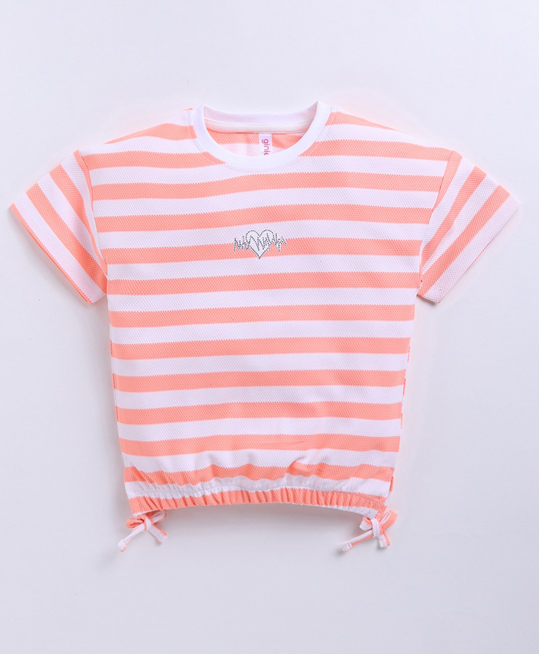 giniekids Knit Half Sleeves Striped & Heart Patch Detailed Top - Orange-picture-10