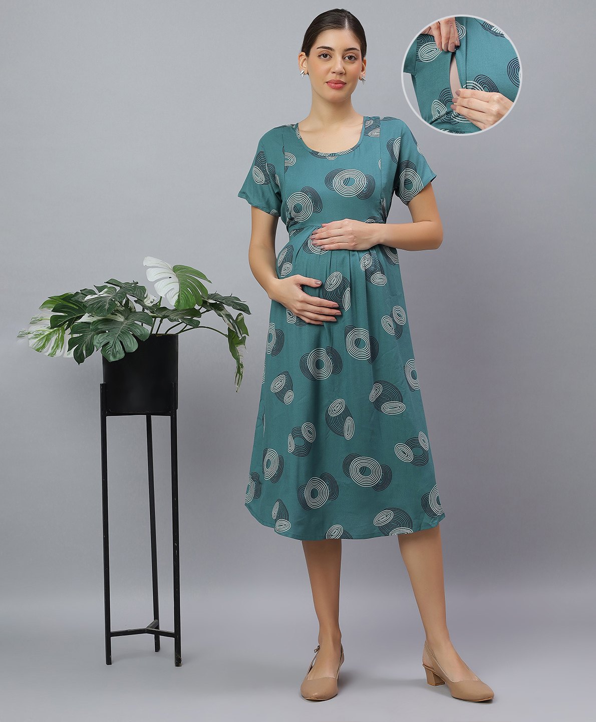 Mamma's Maternity Cotton Woven Half Sleeves Geometric Printed Maternity Night Dress With Side Zipper Nursing Access - Blue-picture-30