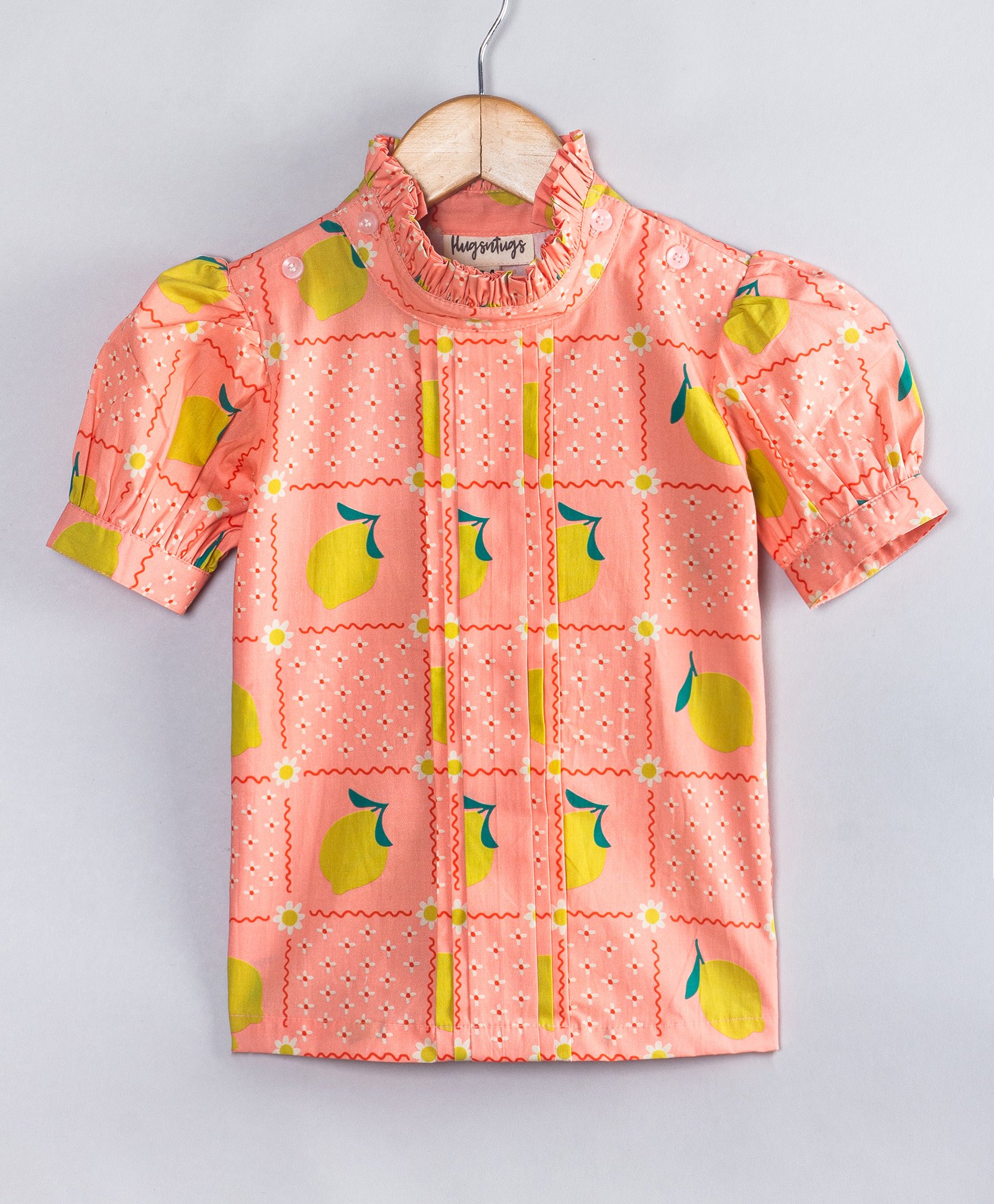 Hugsntugs Cotton Woven Half Puffed Sleeves Floral & Lemons Printed Top - Peach-image-12