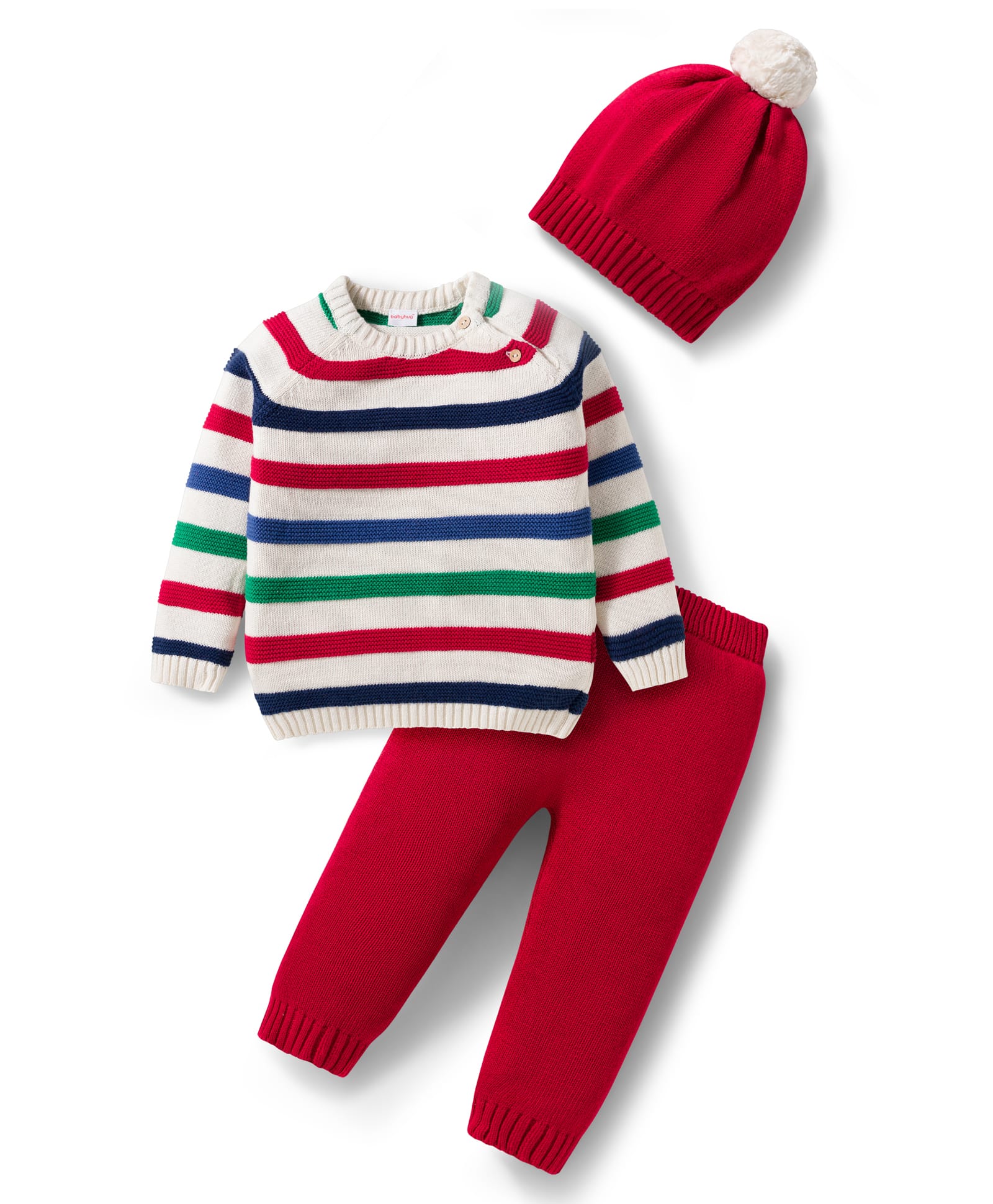 Babyhug Cotton Knit Full Raglan Sleeves Striped Sweater Set with Cap - Red-picture-13