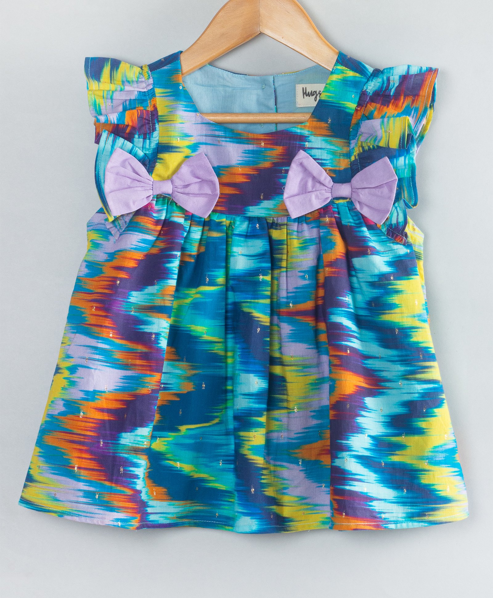 Hugsntugs Cotton Woven Frill Sleeves Abstract Printed Bow Applique Detailed Top - Blue-image-9