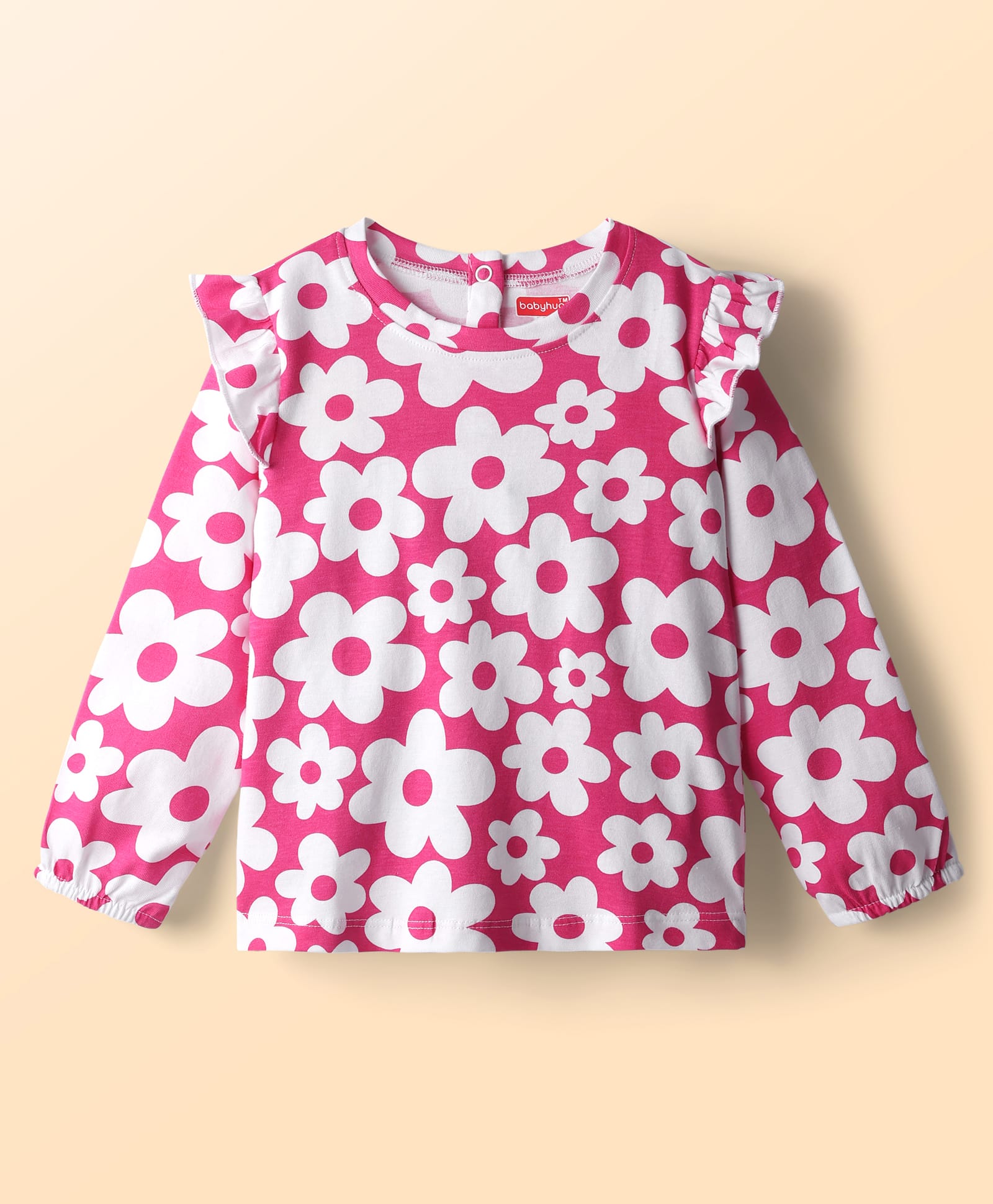Babyhug 100% Cotton Knit Full Sleeves Top with Floral Print & Frill Detailing - Pink-picture-24