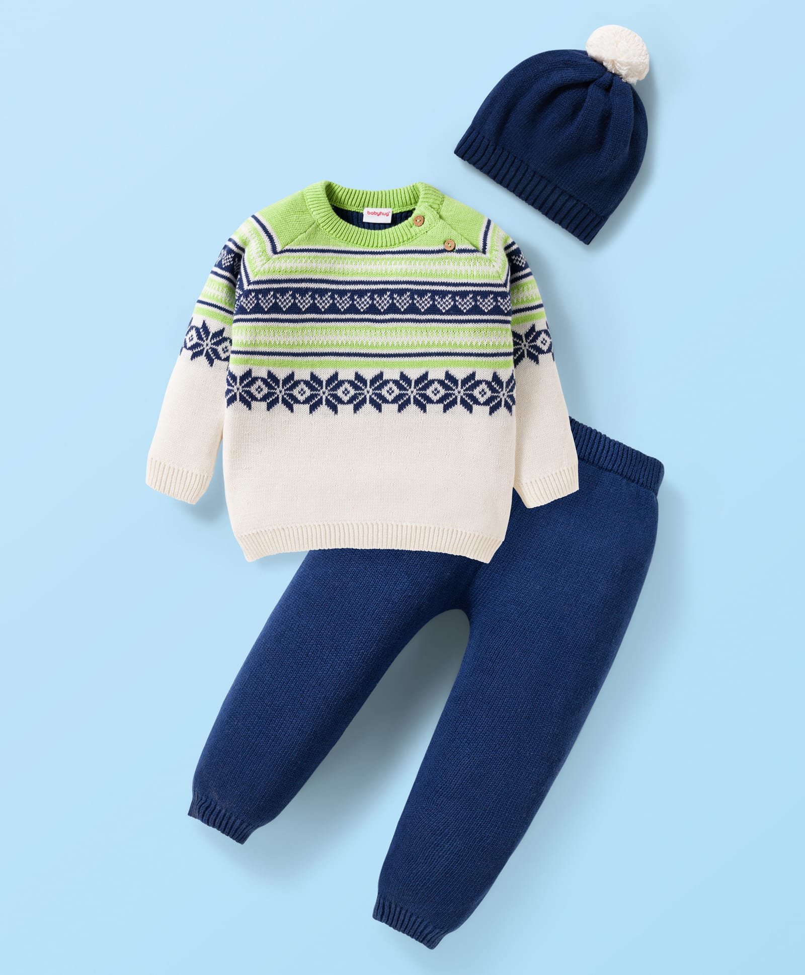 Babyhug Cotton Knit Full Raglan Sleeves Sweater Set with Fair Isle Design & Cap - Blue White & Green-picture-28