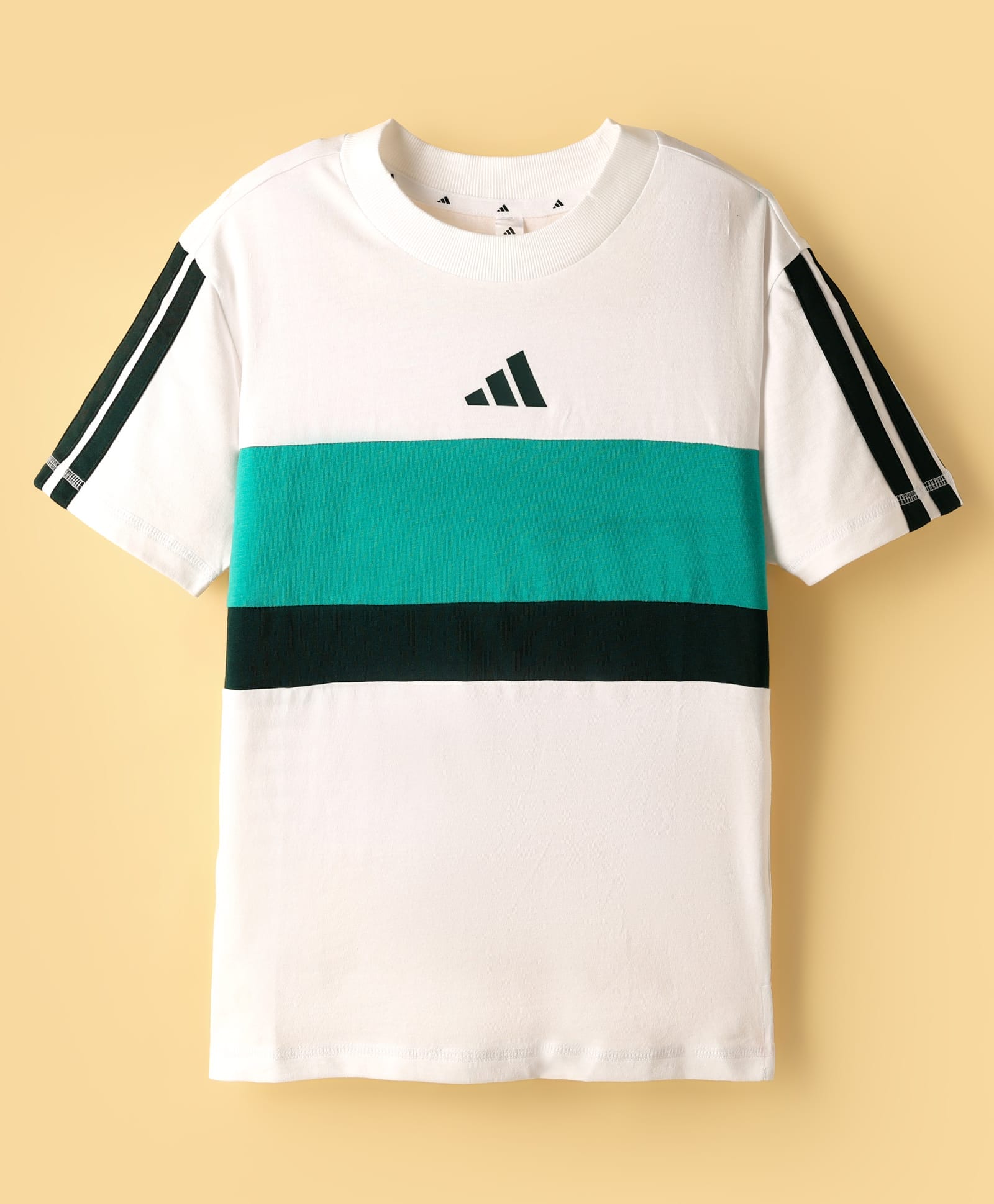 ADIDAS KIDS Cotton Knit Half Sleeves T-Shirt With Tape Detailing & Brand Logo - White & Green-image-6