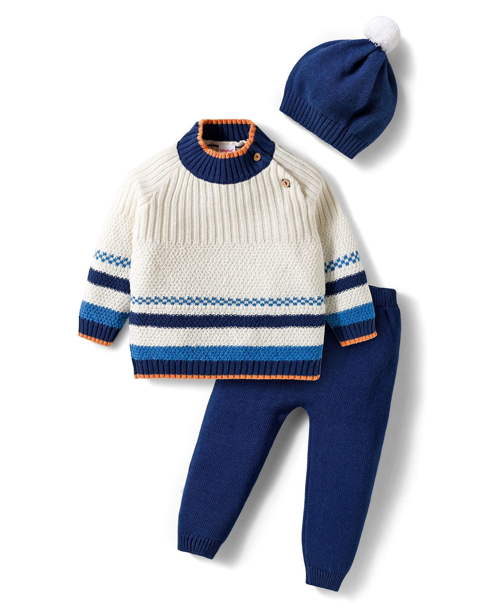 Babyhug Cotton Knitted Full Raglan Sleeves Solid Sweater Set With Cap - Navy Blue & White-image-48