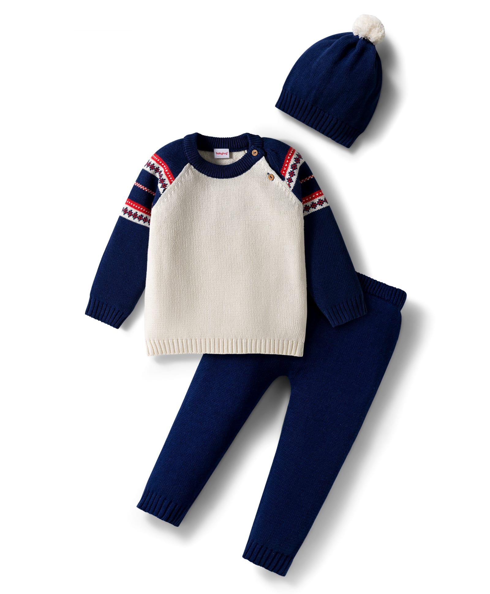 Babyhug Cotton Knit Full Raglan Sleeves Sweater Set with Fair Isle Design & Cap - Navy Blue-picture-33