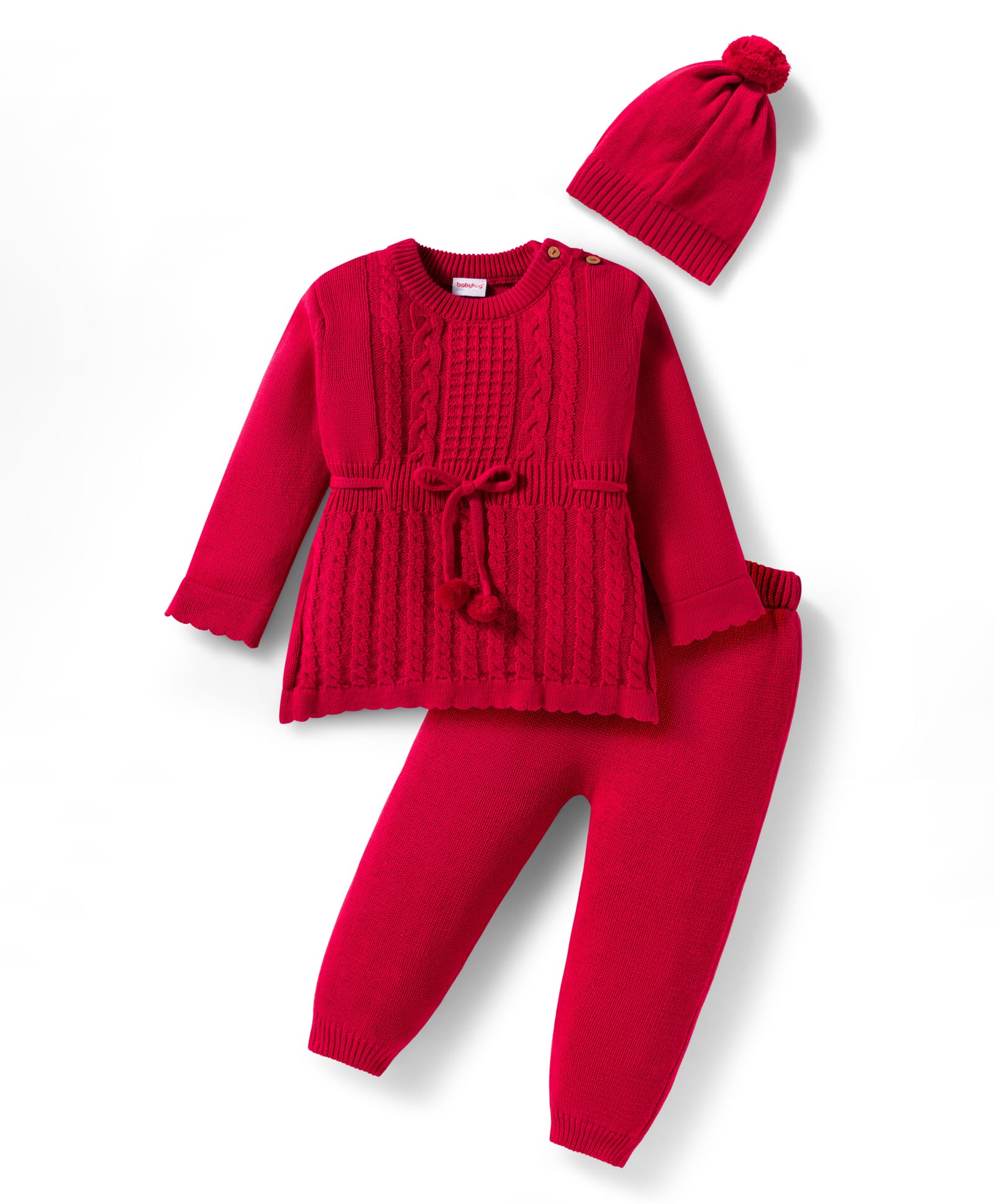 Babyhug Cotton Knit Full Sleeves Pullover Sweater Set with Cap & Cable Knit Design - Red-image-5