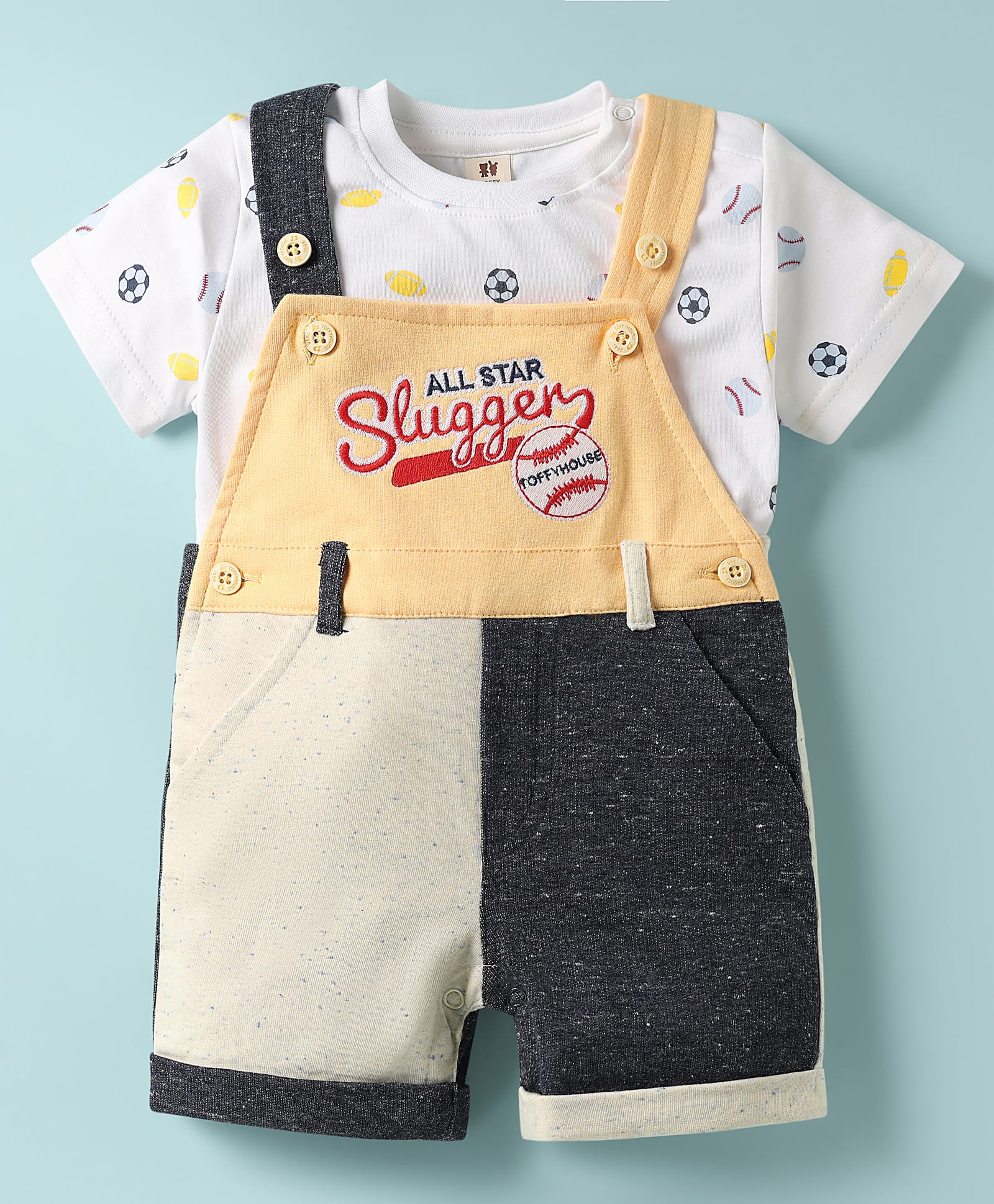 ToffyHouse Corduroy Woven Half Sleeves T-Shirt & Dungaree with Brand Logo Embroidery - White & Charcoal-image-8