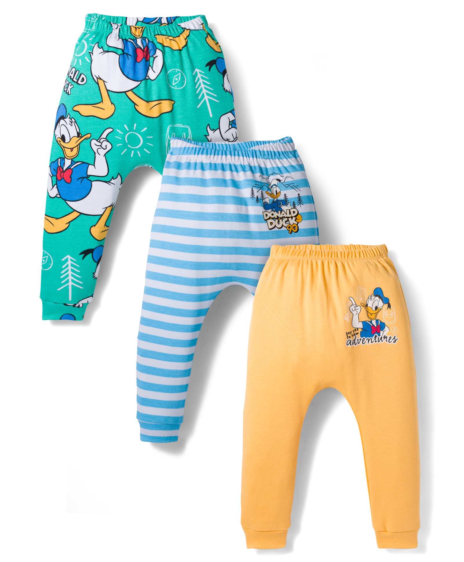 Babyhug Disney Interlock Knit Full Length Diaper Leggings With Donald Duck Graphics Pack Of 3 - Light Blue Sea Green & Yellow