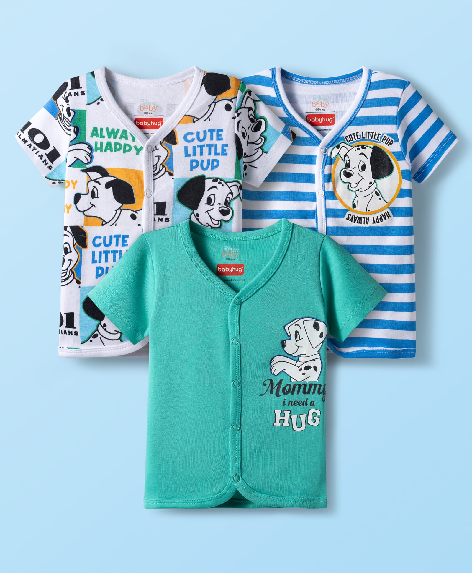 Babyhug Disney Interlock Knit Half Sleeves Jhablas With Dalmatians Print Pack Of 3 - White Blue & Sea Green-picture-20