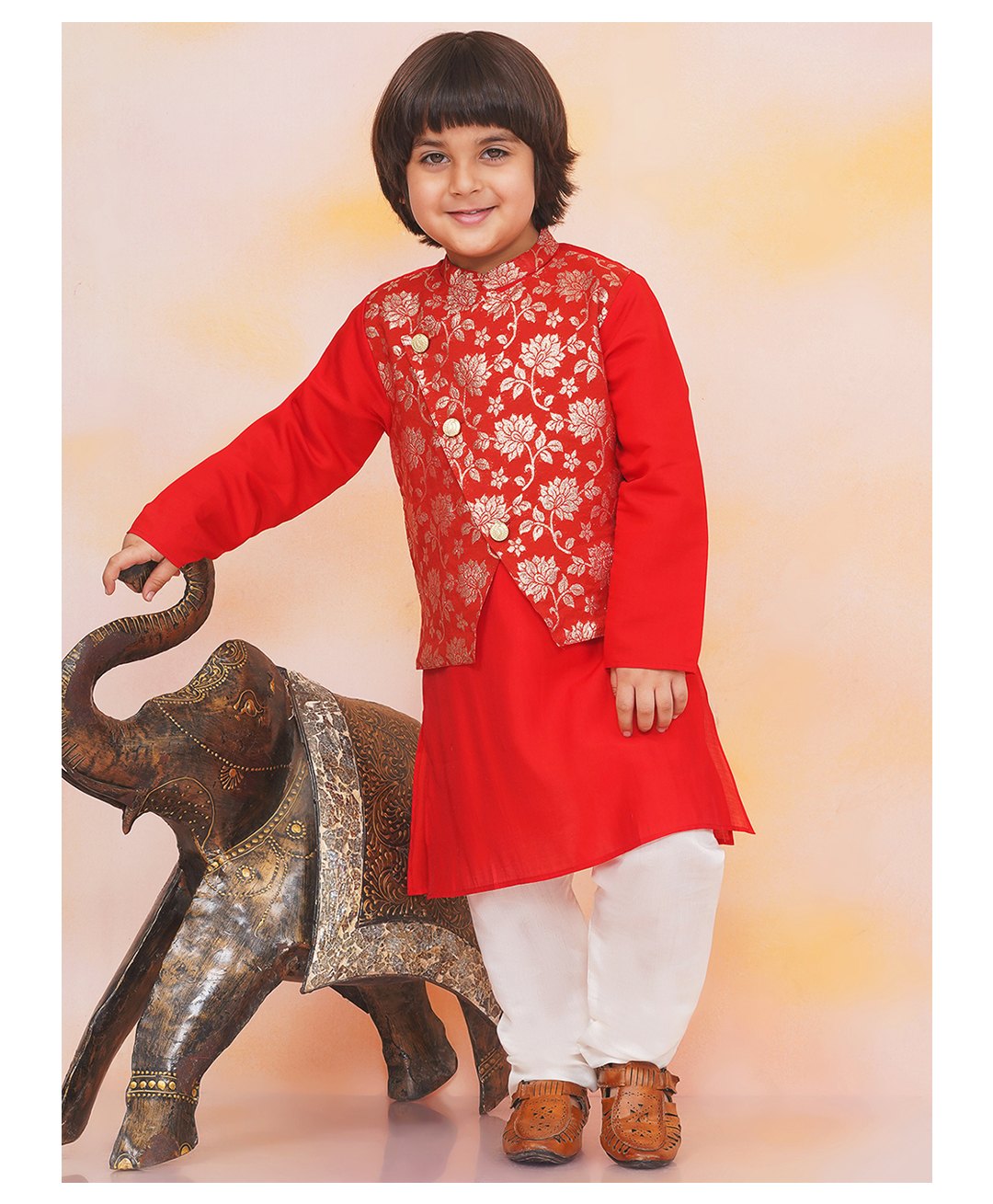 KID1 Jacquard Woven Full Sleeves Solid Kurta With Floral Foil Printed Attached Jacket & Pyjama Set - Red-picture-22