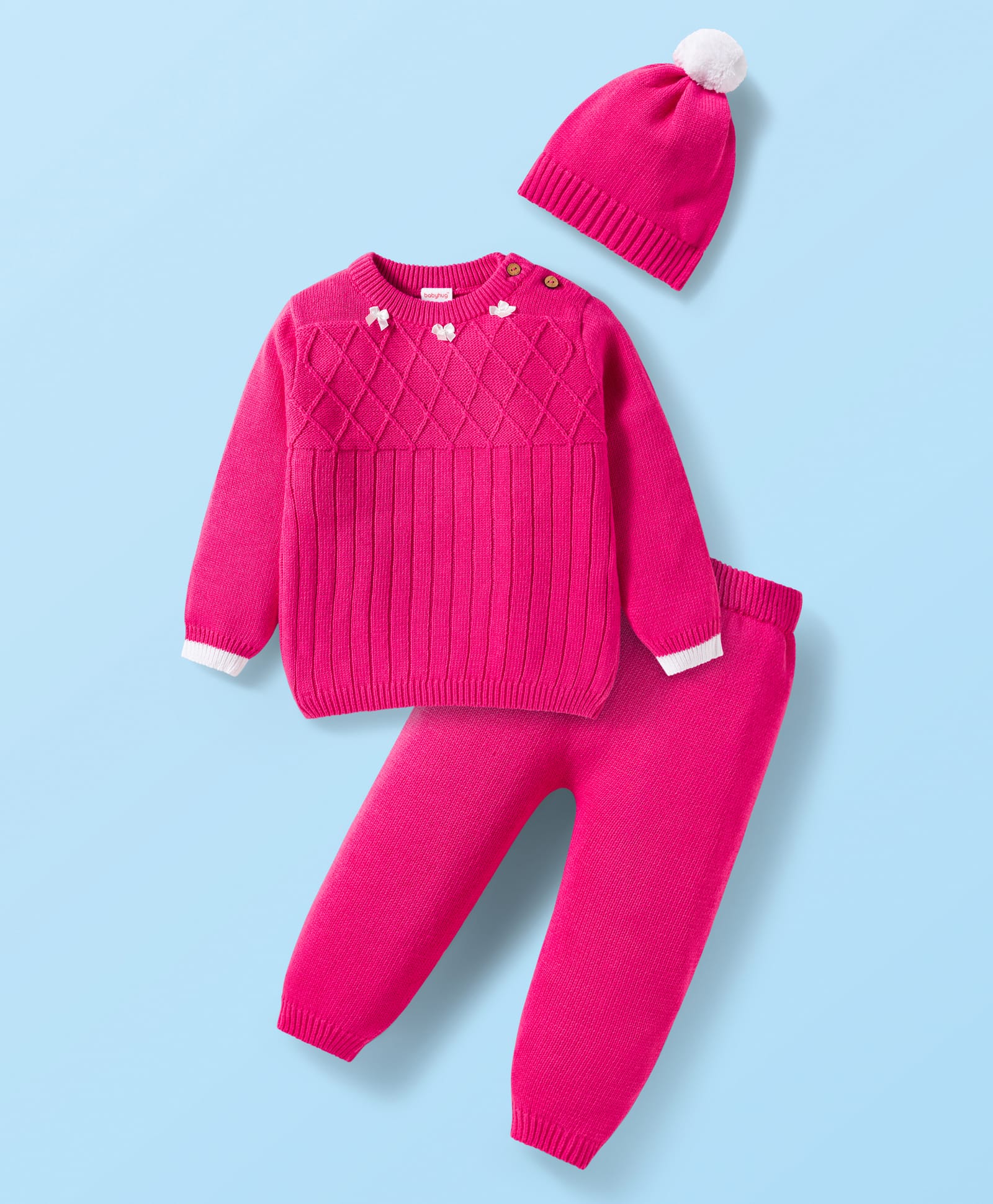 Babyhug Cotton Knit Full Sleeves Sweater Set with Bow Applique & Cap - Dark Pink-image-23