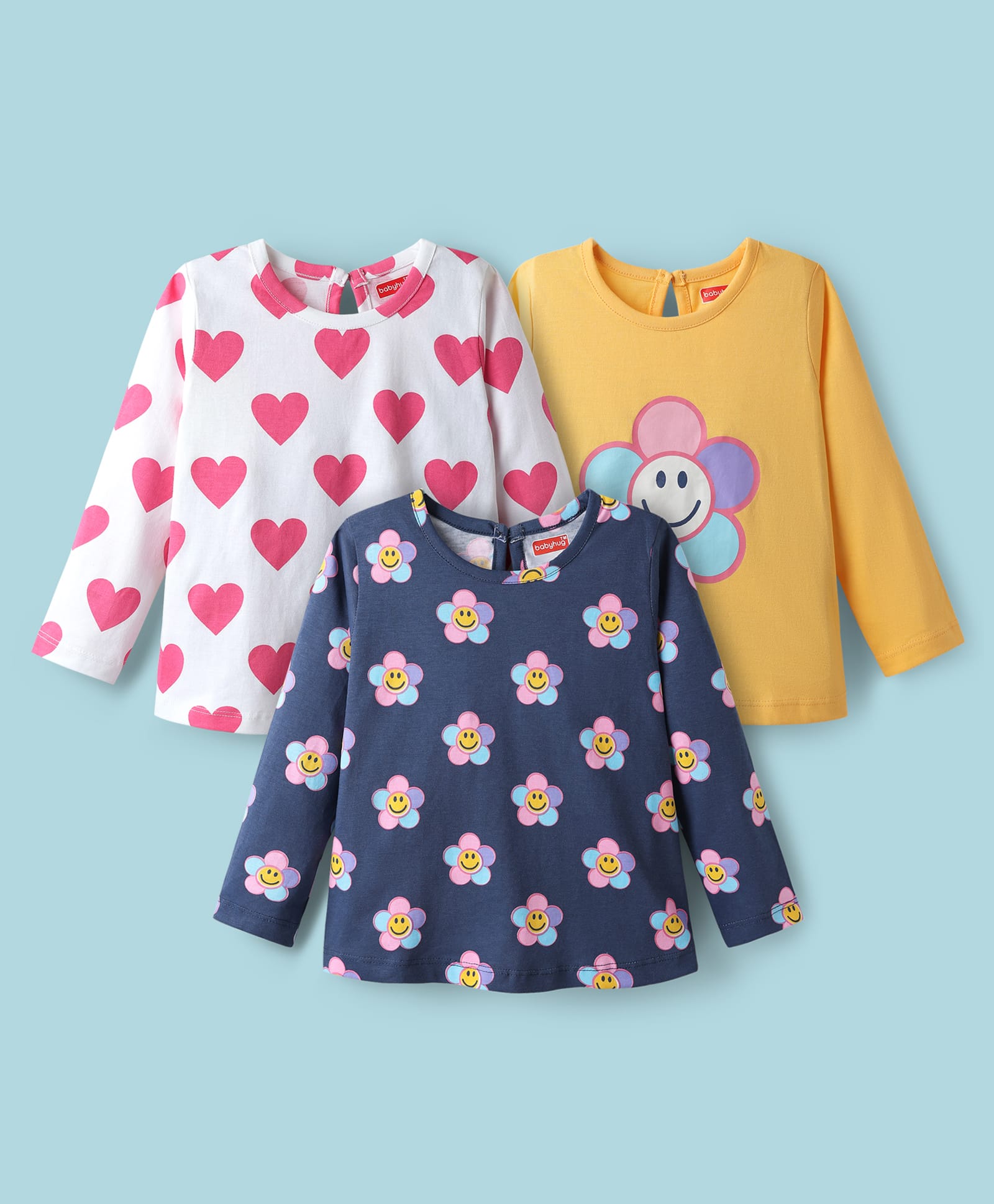 Babyhug 100% Cotton Knit Full Sleeves T-Shirt with Floral & Heart Print Pack of 3 - Navy Blue Yellow & White-image-43