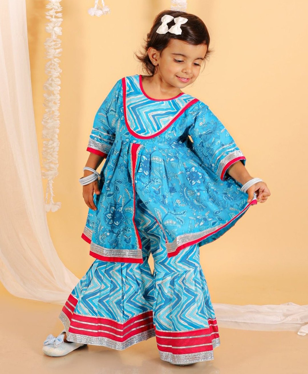 The Mom Store Cotton Knit Three Fourth Sleeves Floral Printed & Gota Lace Embellished Anarkali Style Kurti Sharara Set - Ocean Blue-image-23