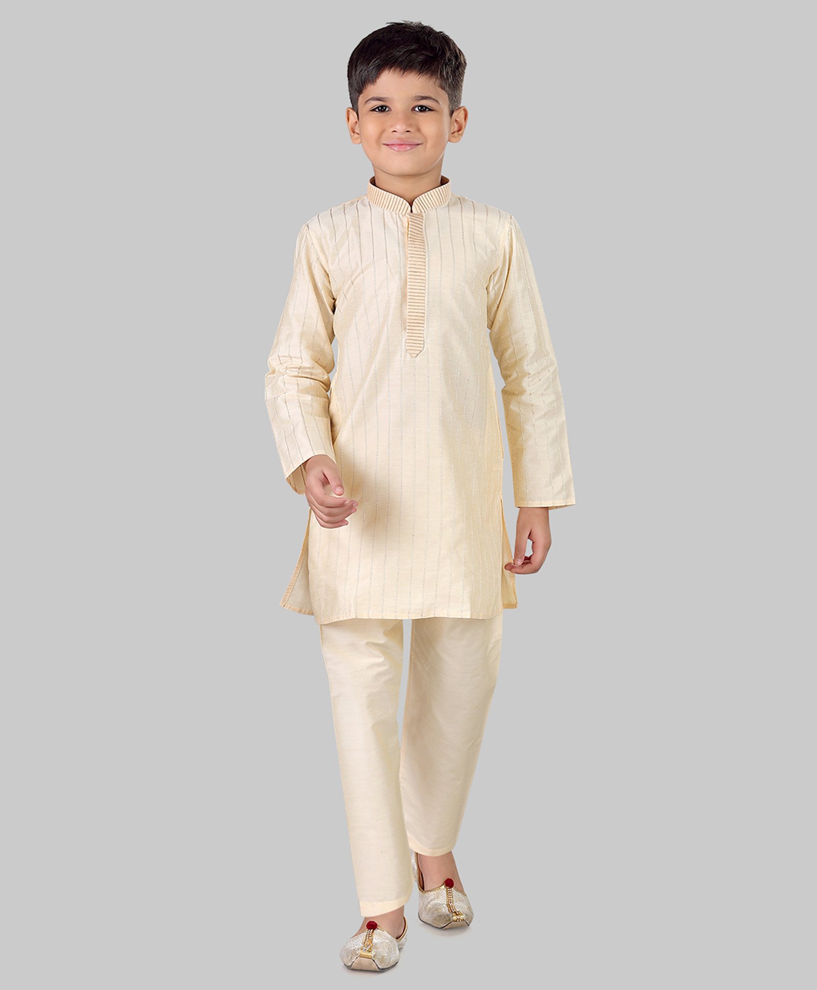 Pehanaava Cotton Woven Full Sleeves Stripes Embroidered Kurta Pyjama - Beige-image-23