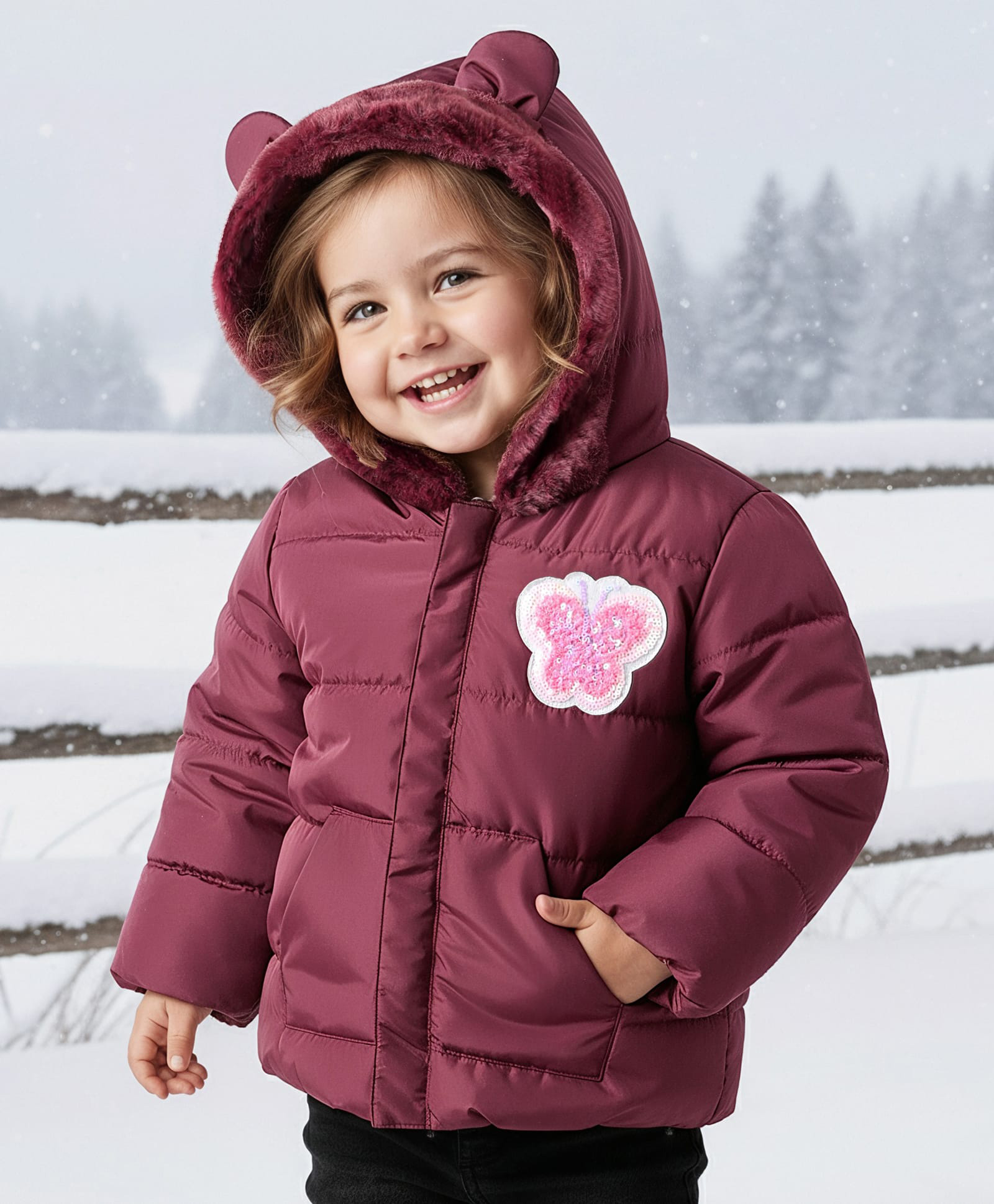 Babyoye Woven Full Sleeves Solid Dyed Hooded Padded Jacket With Butterfly Patch & Kangaroo Pockets - Wine-picture-25