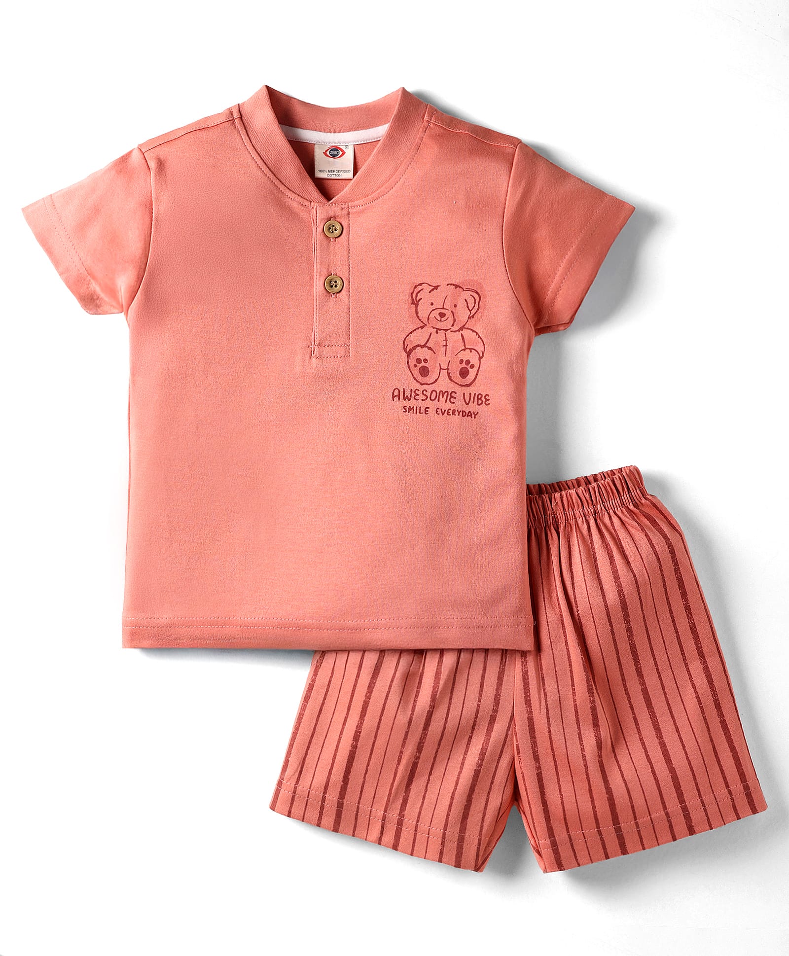 Zero Sinker Knit Half Sleeves Shorts Night Suit with Teddy Print & Stripes - Coral-image-43