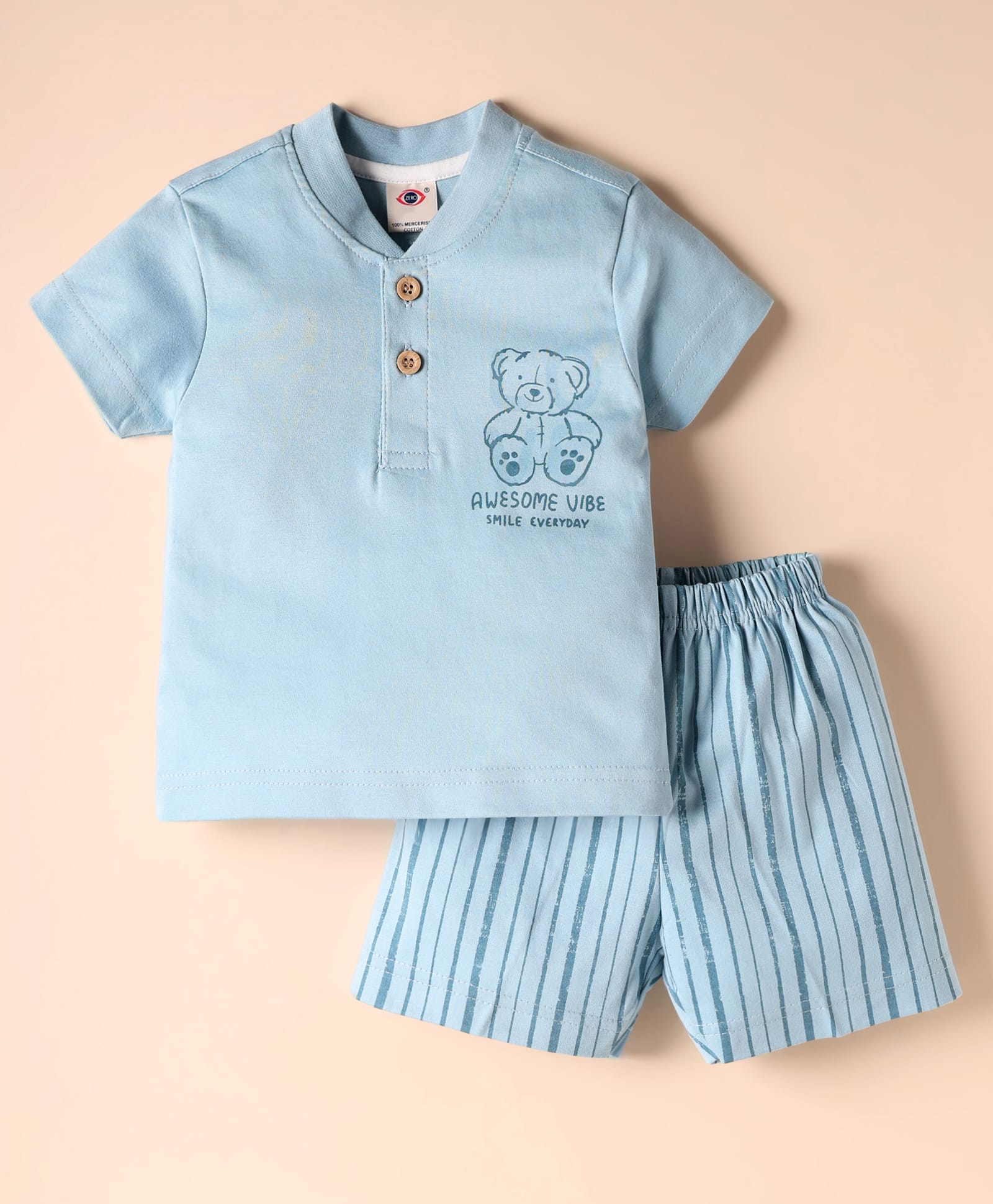 Zero Sinker Knit Half Sleeves Shorts Night Suit with Teddy Print & Stripes - Light Blue-picture-24