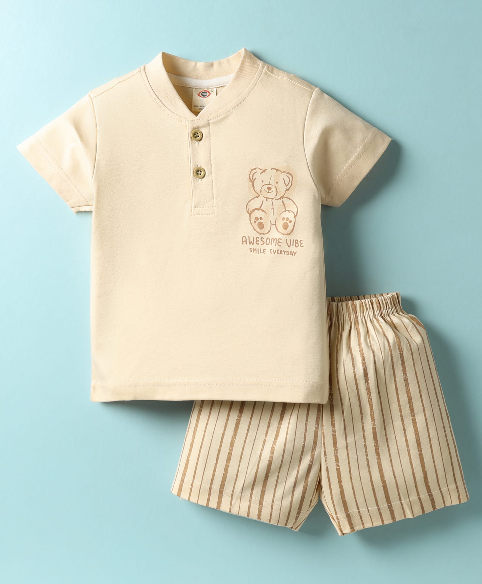 Zero Sinker Knit Half Sleeves Shorts Night Suit with Teddy Print & Stripes - Beige-picture-36