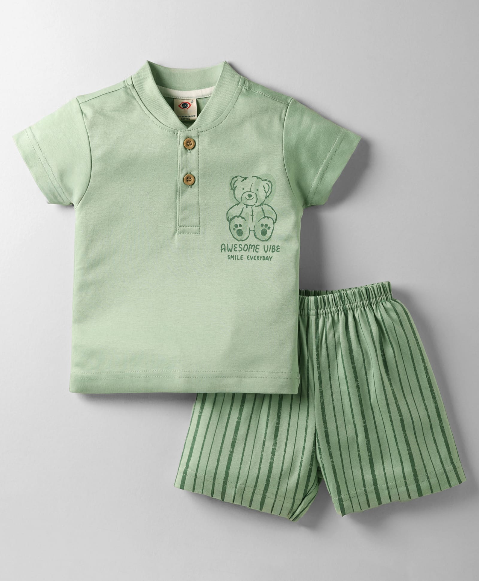 Zero Sinker Knit Half Sleeves Shorts Night Suit with Teddy Print & Stripes - Mint-image-36