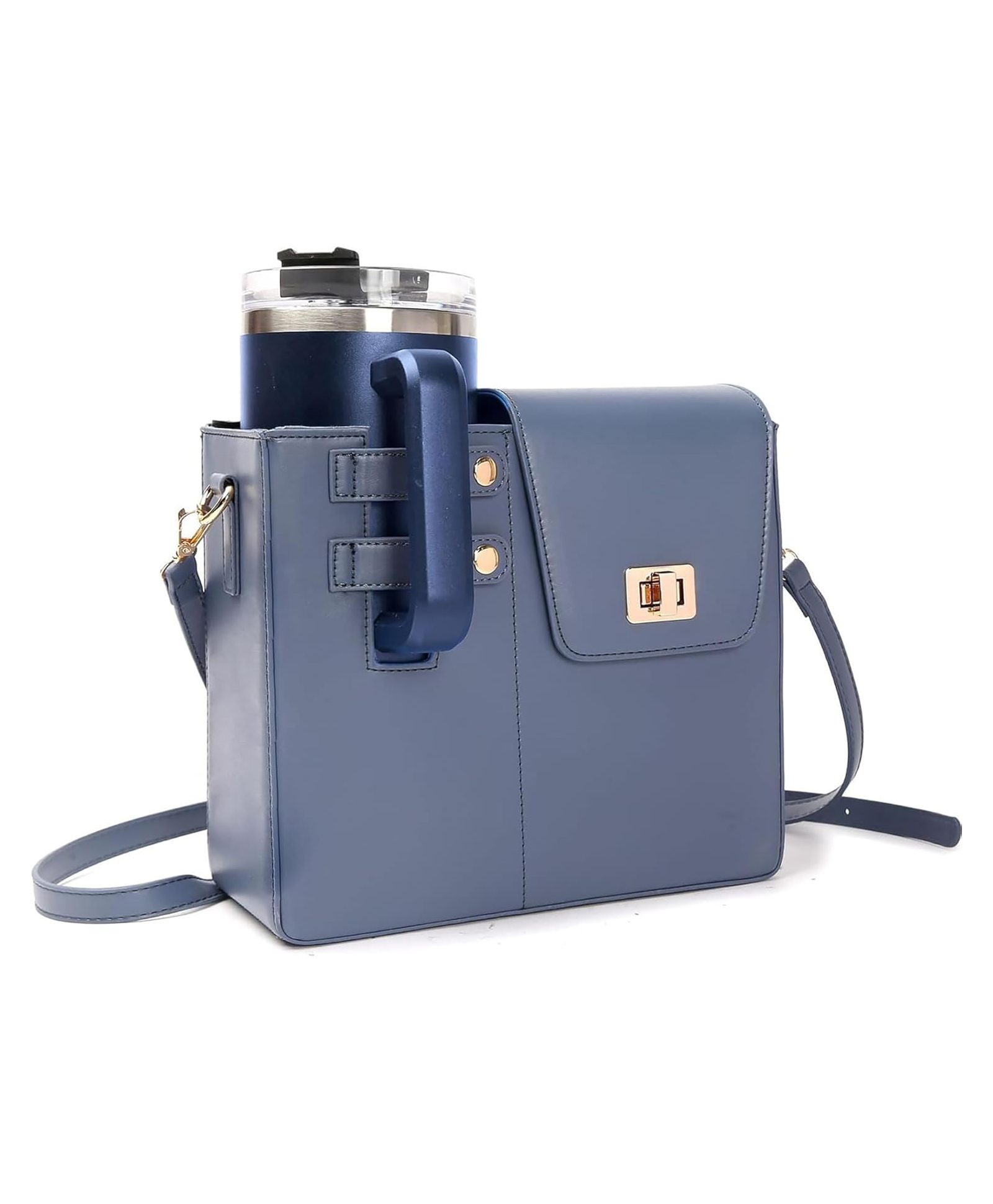 House of Quirk Outdoor Portable Crossbody Tumbler Holder Bag with Purse Compartment Travel Water Bottle Carrier for Hiking Walking Camping - Blue