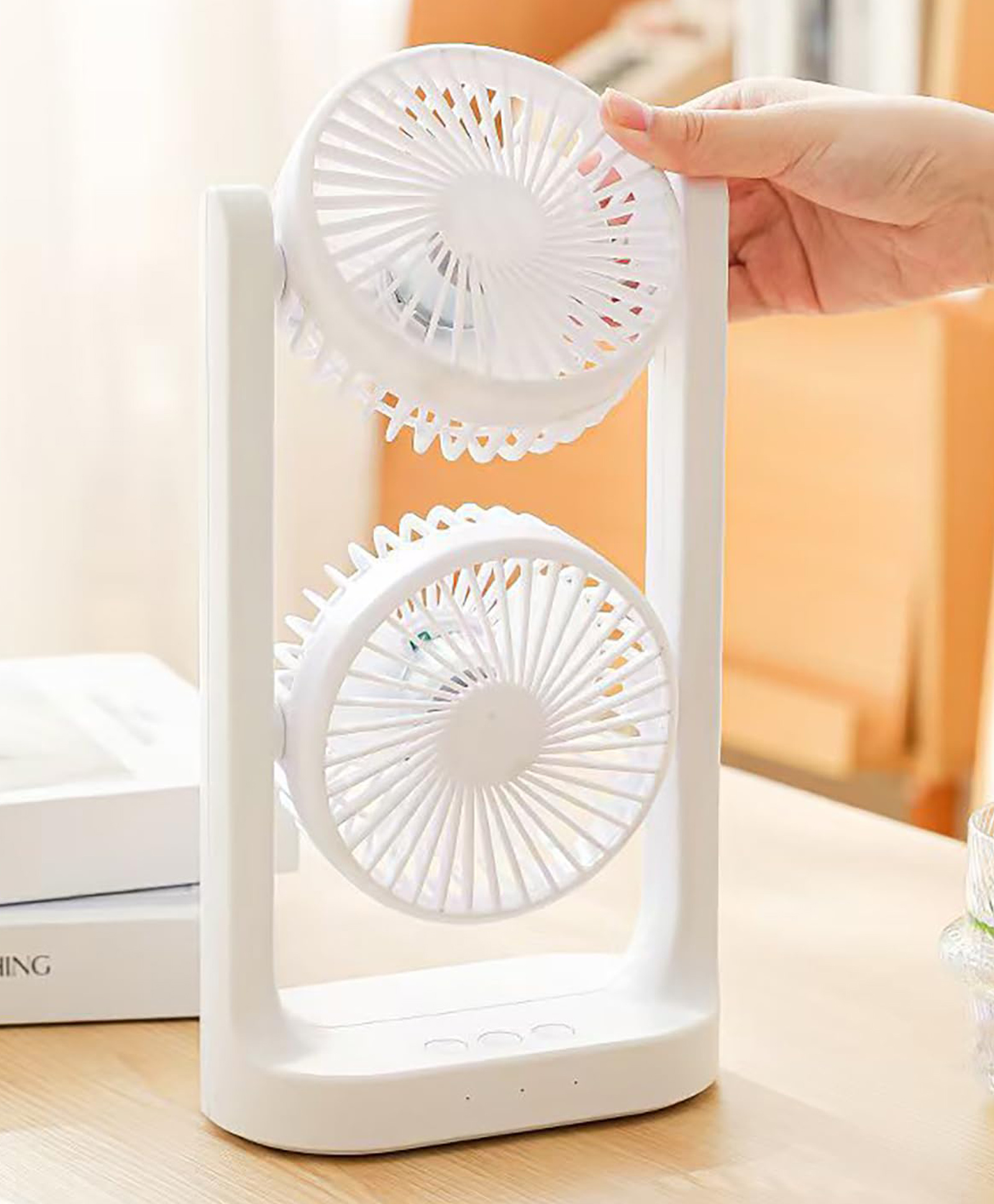 House of Quirk Dual Head USB Desk Fan Quiet & Smooth Airflow Portable Mini Fan for Home Office & Desktop Air Circulation - White-image-16