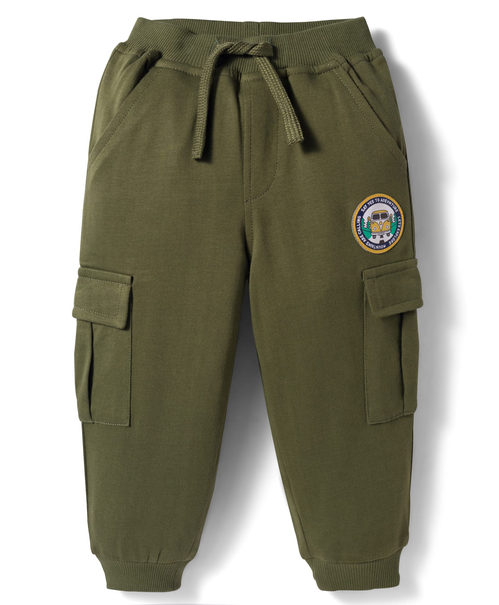 Babyhug French Terry Knit Full Length Lounge Pant with Patch - Olive Green