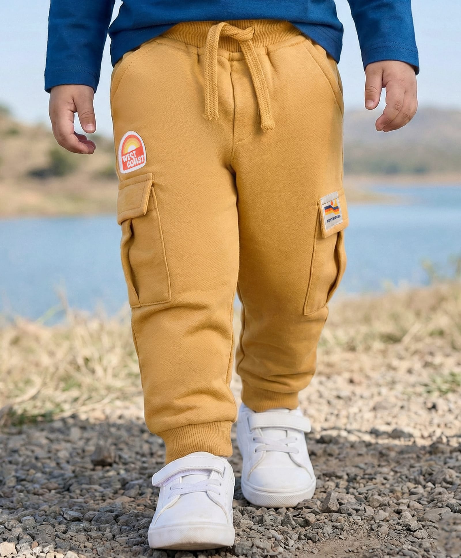 Babyhug French Terry Knit Full Length Lounge Pant With Badge Detailing & Cargo Pockets - Cream-image-24