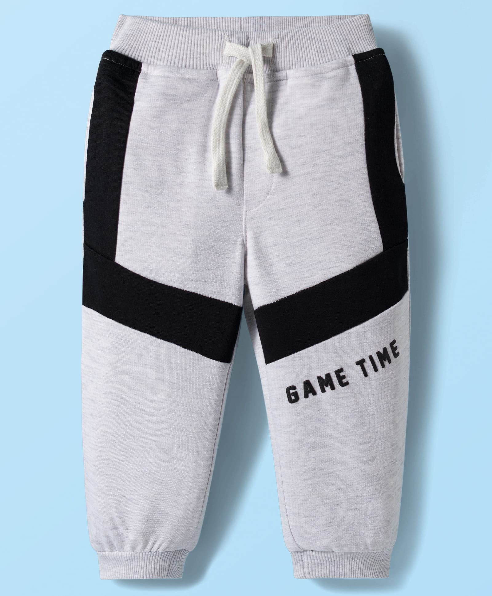 Babyhug French Terry Knit Full Length Lounge Pant with Game Time Text Print - Grey