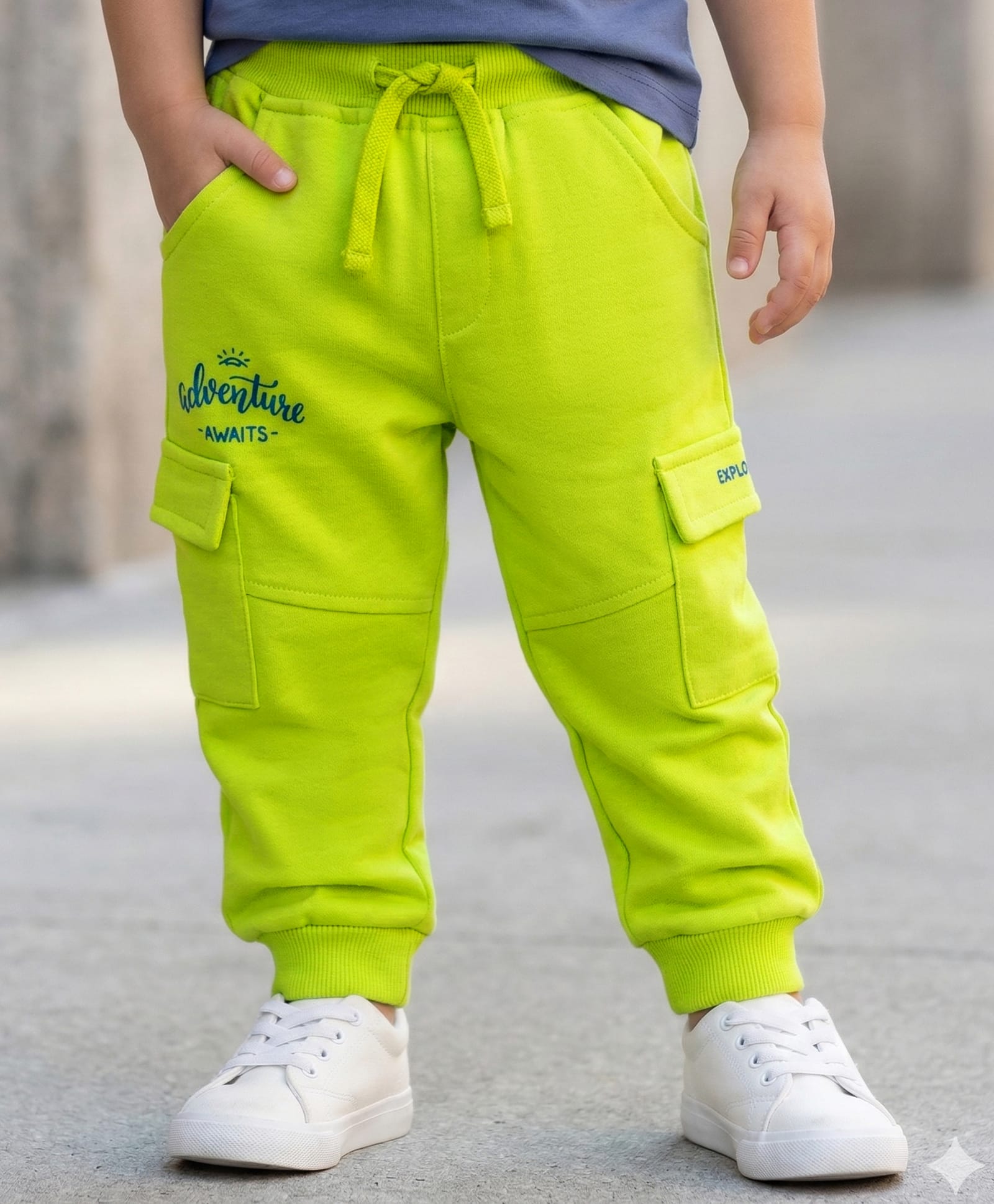 Babyhug French Terry Knit Full Length Track Pants with Pockets & Adventure Awaits Text Print - Limegreen-image-10