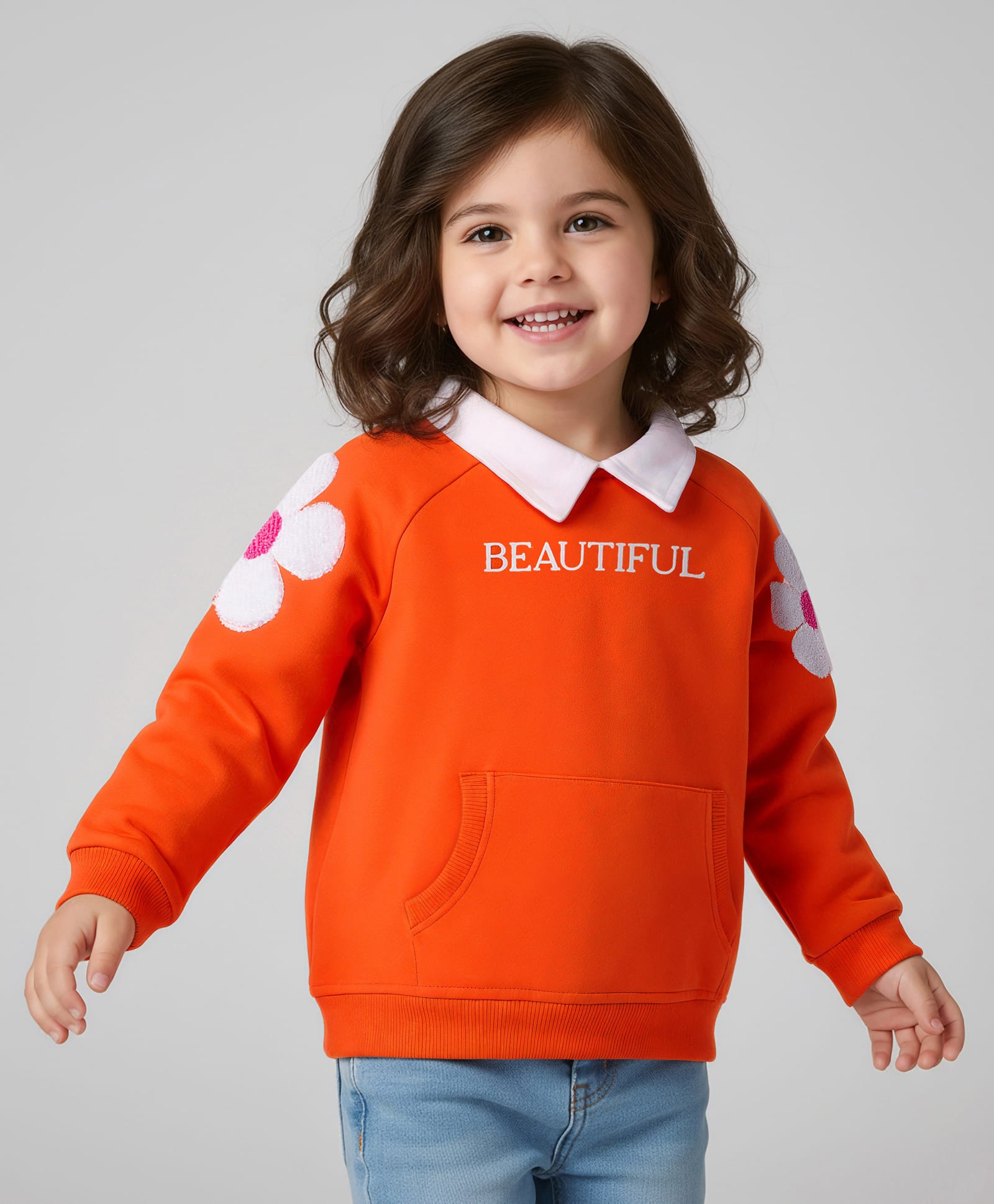 Babyhug Cotton Knit Raglan Full Sleeves Sweatshirt With Floral Embroidery & Text Print - Orange-image-18