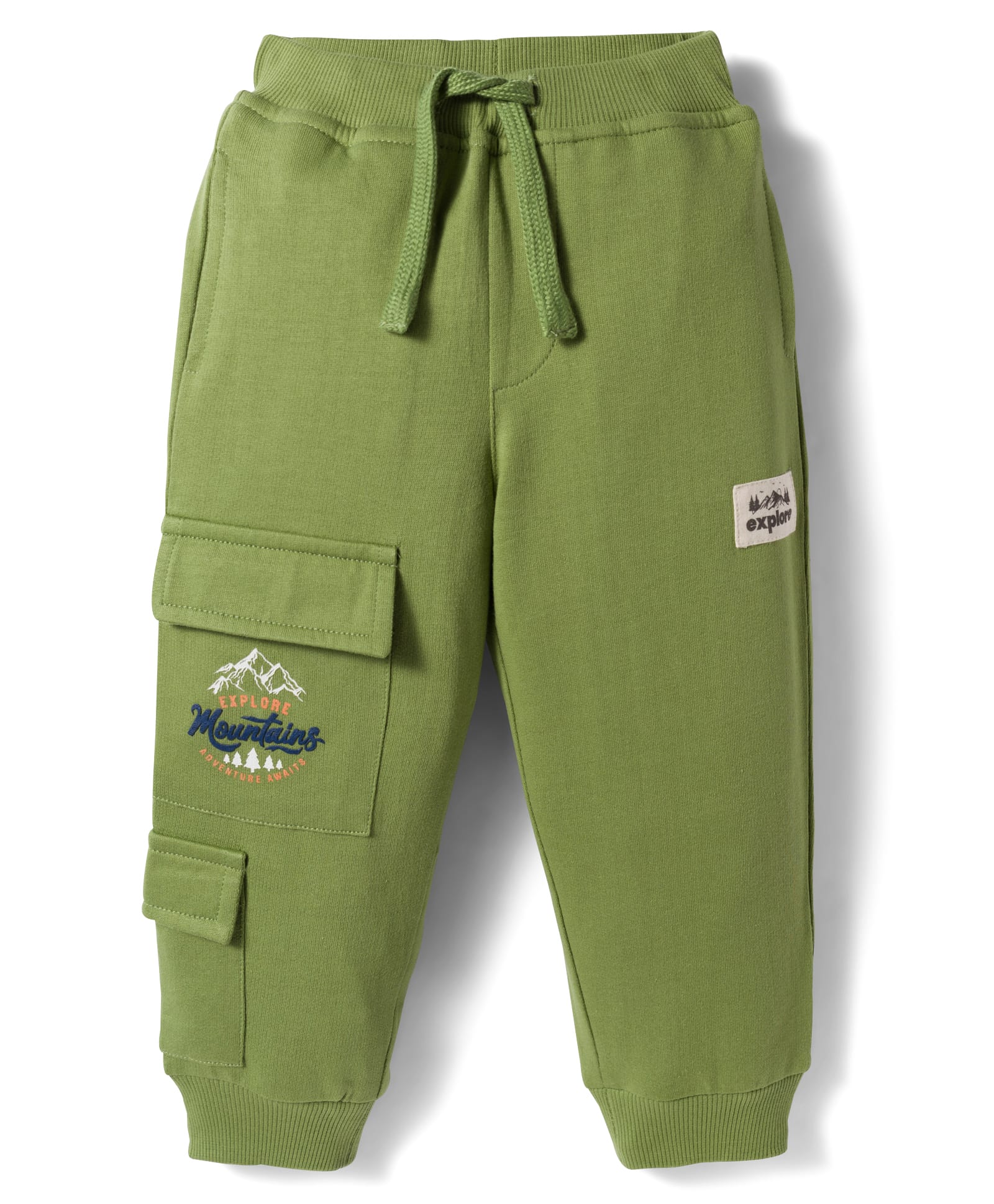 Babyhug French Terry Knit Full Length Lounge Pant with Text Embroidery - Olive Green-image-24