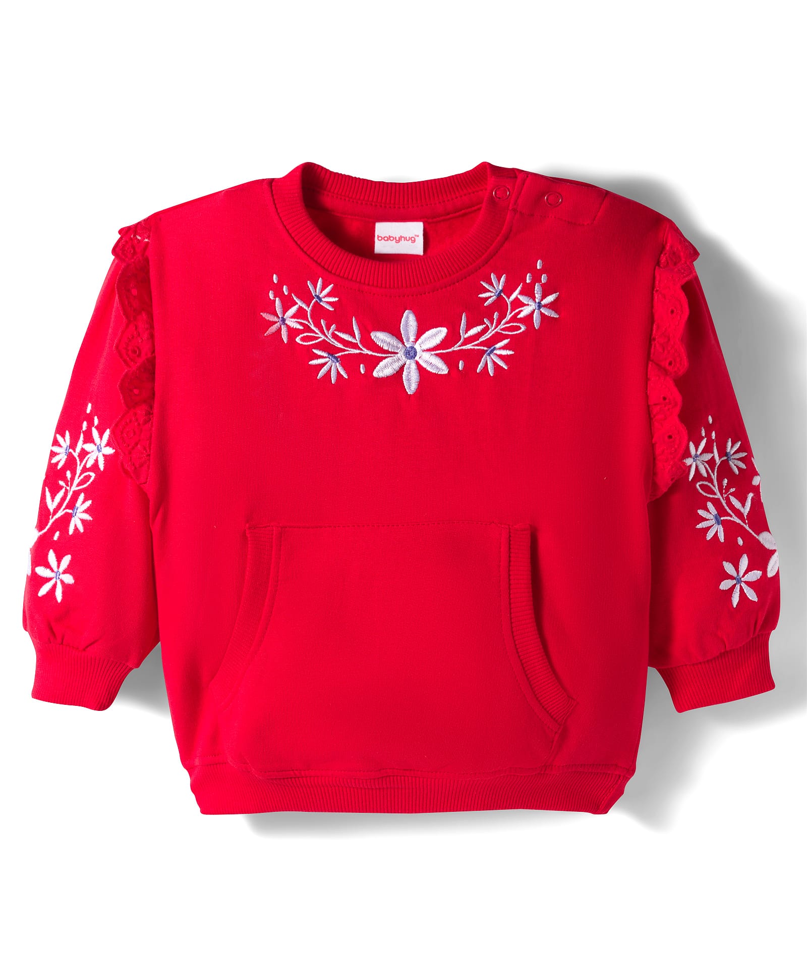 Babyhug Cotton Knit Full Sleeves Sweatshirt With Floral Embroidery & Kangaroo Pockets - Red-image-49