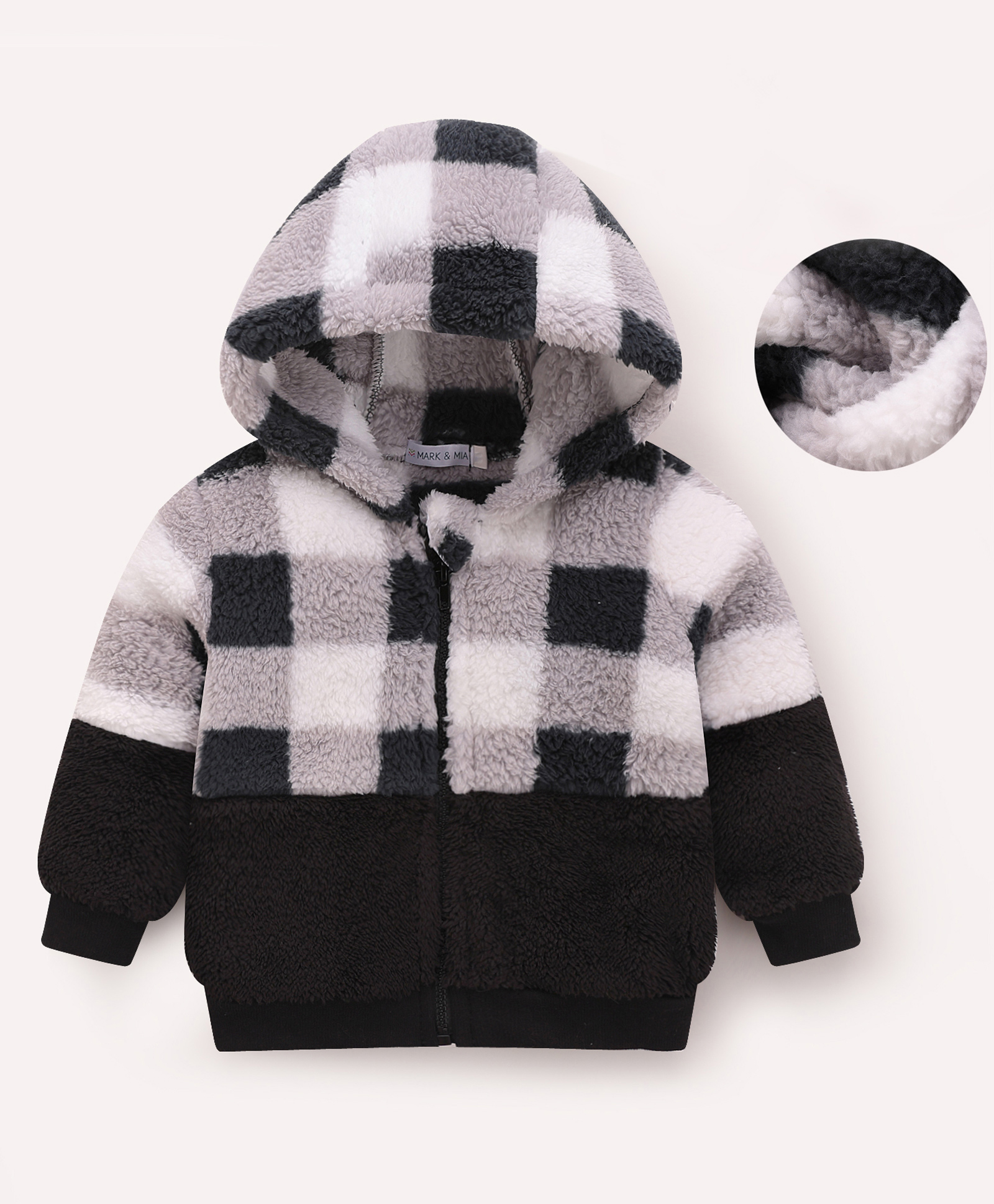 Mark & Mia Full Sleeves Front Open Hooded Winter Jacket With Checks- Black & White-image-3