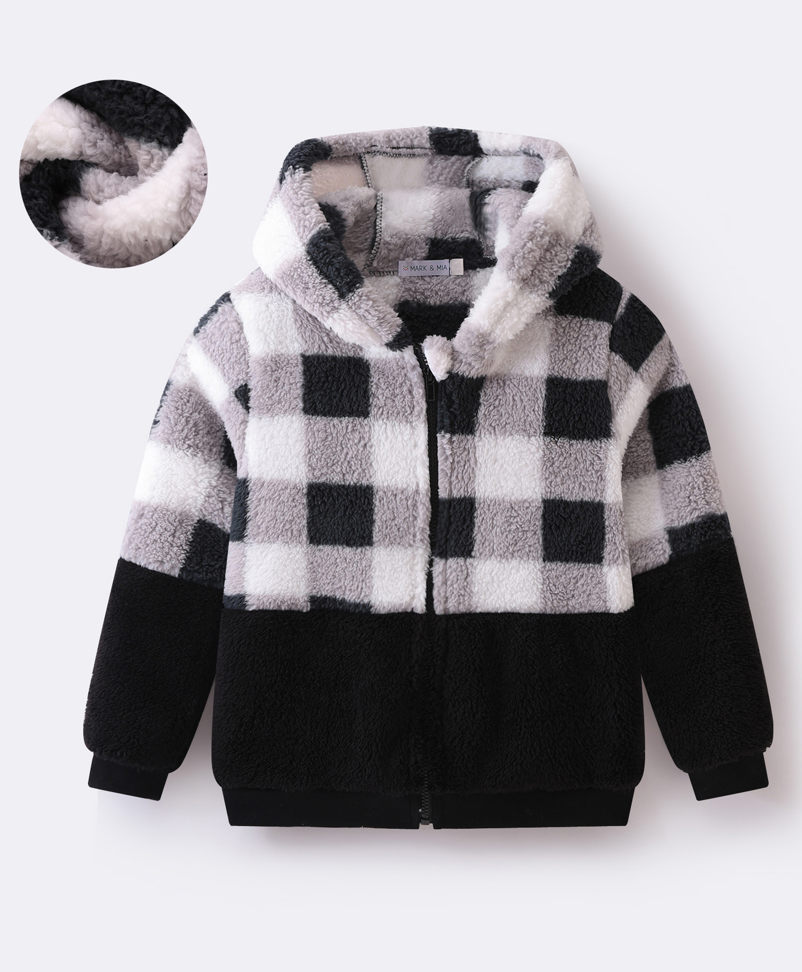 Mark & Mia Full Sleeves Front Open Hooded Winter Jacket With Checks - Black & White-picture-31