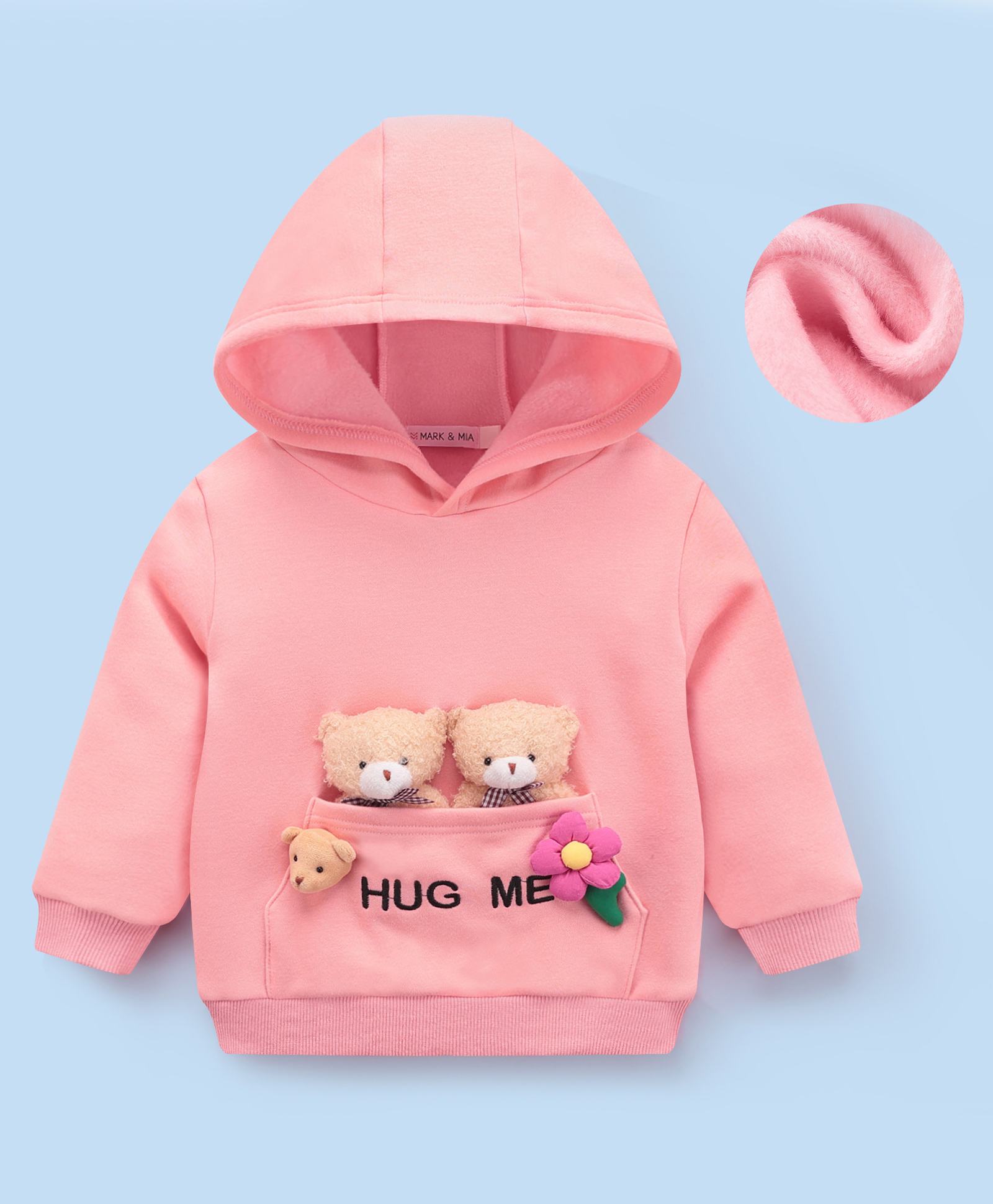 Mark & Mia Full Sleeves Hooded Sweatshirt With Pocket & Bear & Floral Applique - Pink-image-18