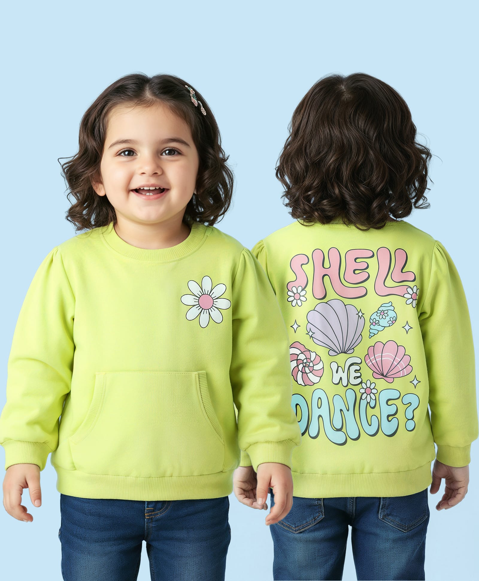 Babyhug Cotton Knit Full Sleeves Pull Over Sweatshirt with Front & Back Floral Print Kangaroo Pocket - Limegreen