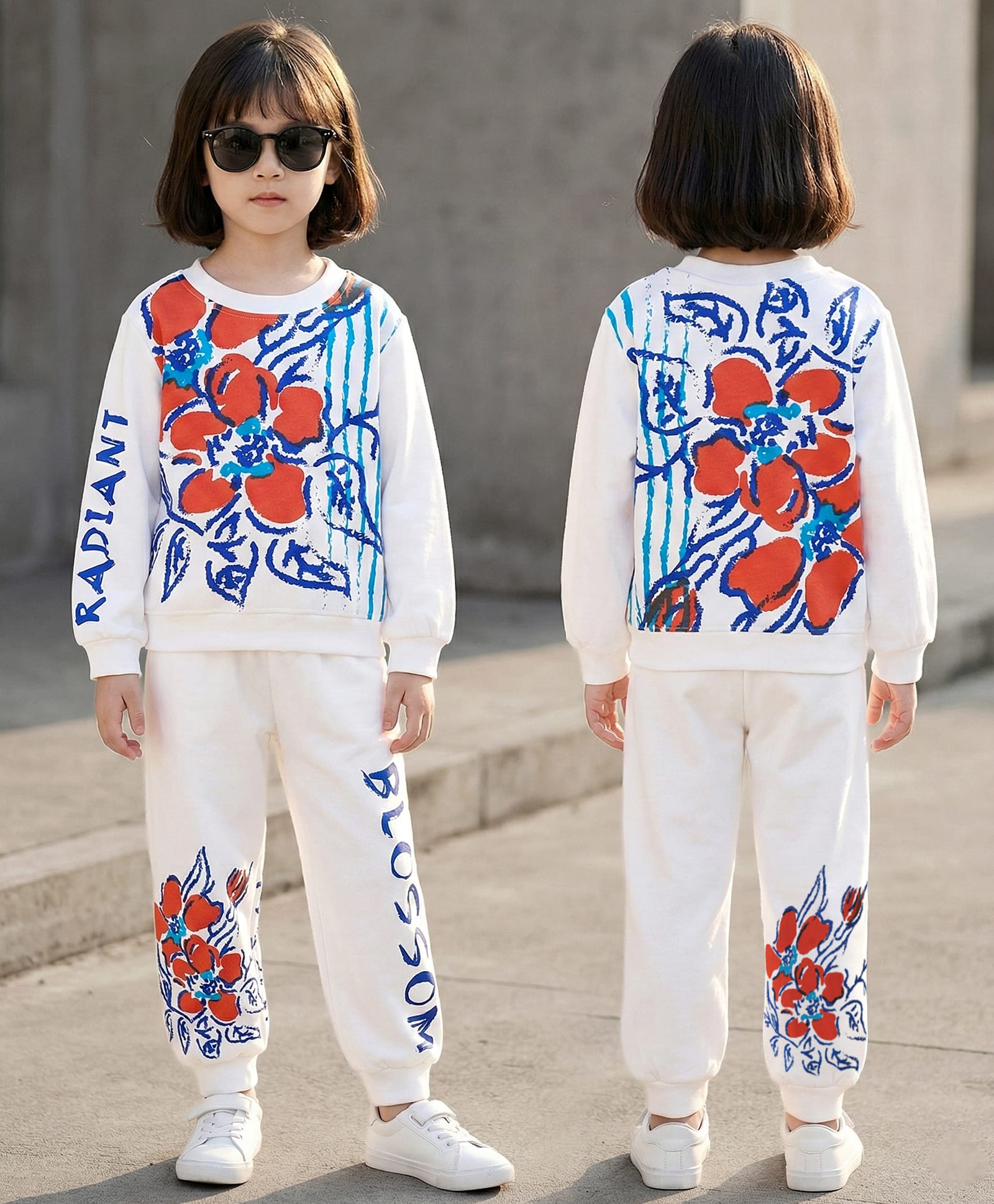 OLLINGTON ST.Cotton Full Sleeves Floral Printed Sweatshirt & Knit Joggers with Print- White-image-7