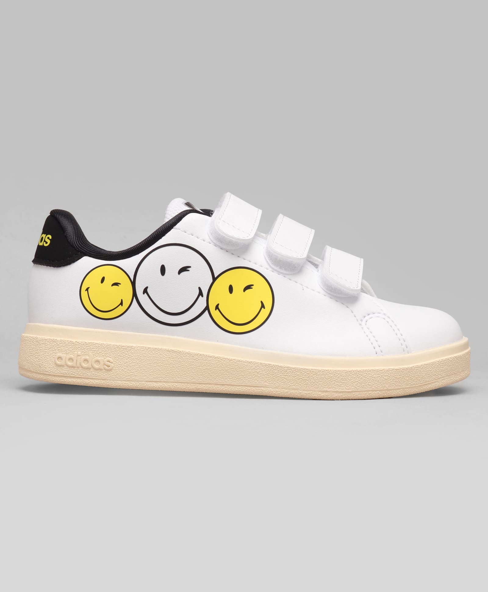 ADIDAS KIDS Canvas Advantage with Smiley Print 3 K Velcro Closure Sports Shoes - White