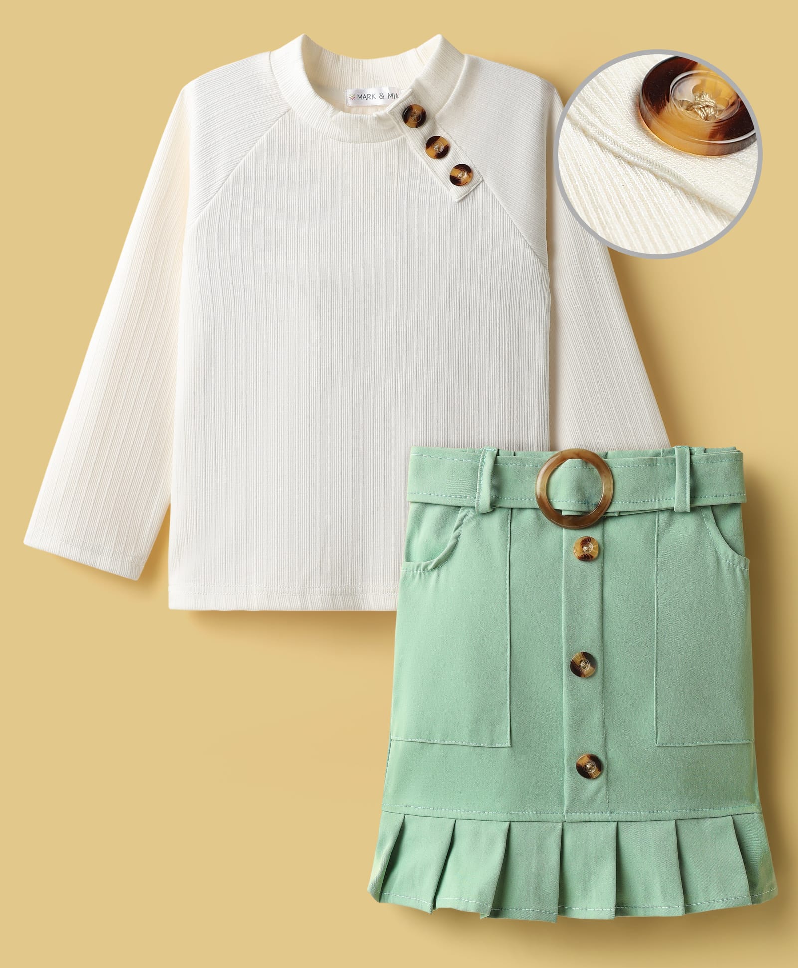 Mark & Mia Full Raglan Sleeves Solid Color Top & Skirt Set with Belt & Frill Detailing - Mint & White-image-45