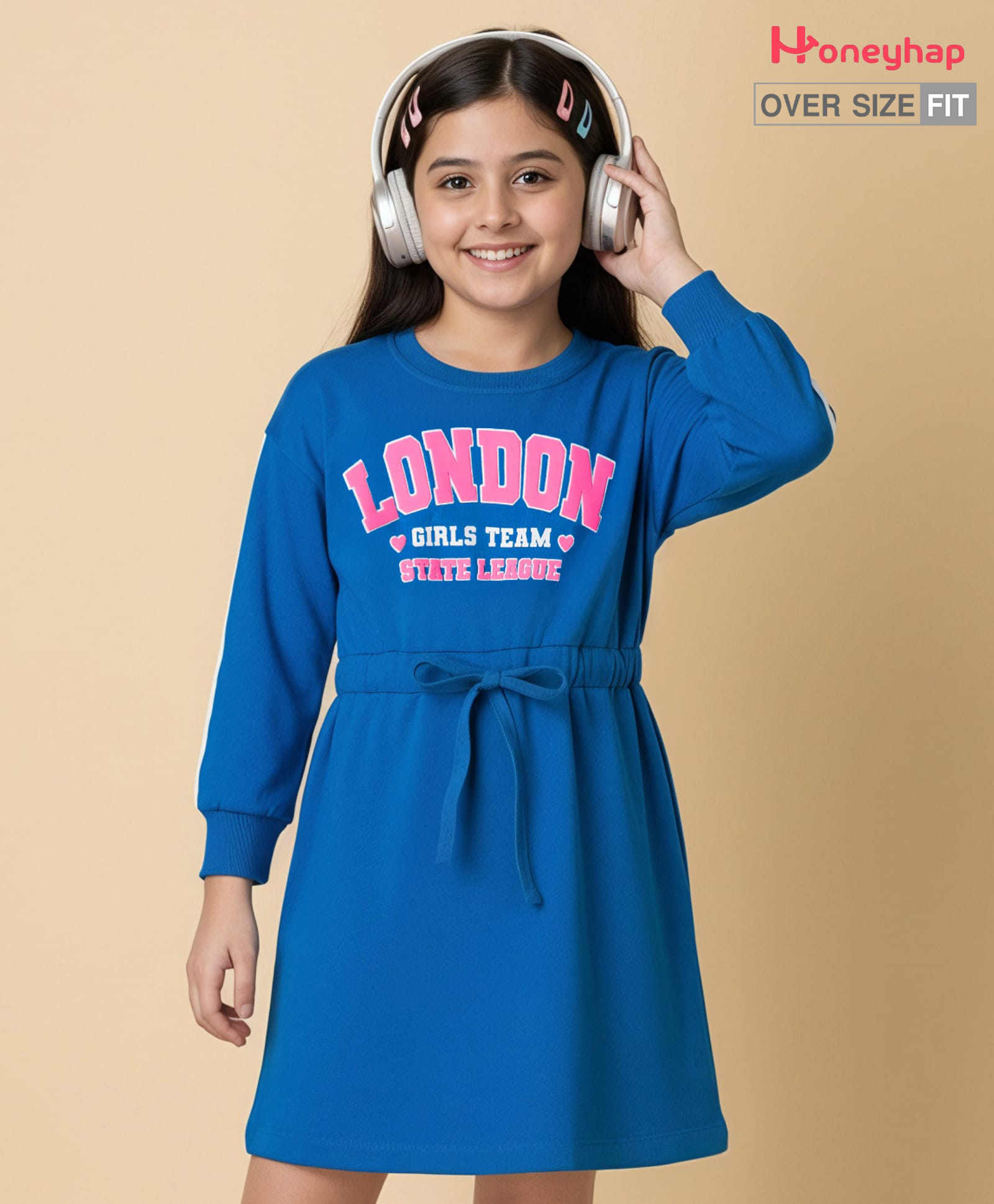 Honeyhap 100% Cotton Knit With Bio Finish Full Sleeves Winter Frock With Text Print - Indigo Bunting-image-5