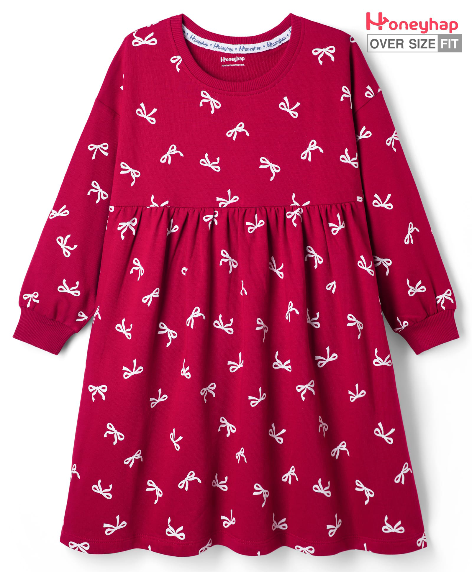 Honeyhap 100% Cotton Knit With Bio Finish Full Sleeves Winter Frock With Bow Print - Savvy Red-picture-9