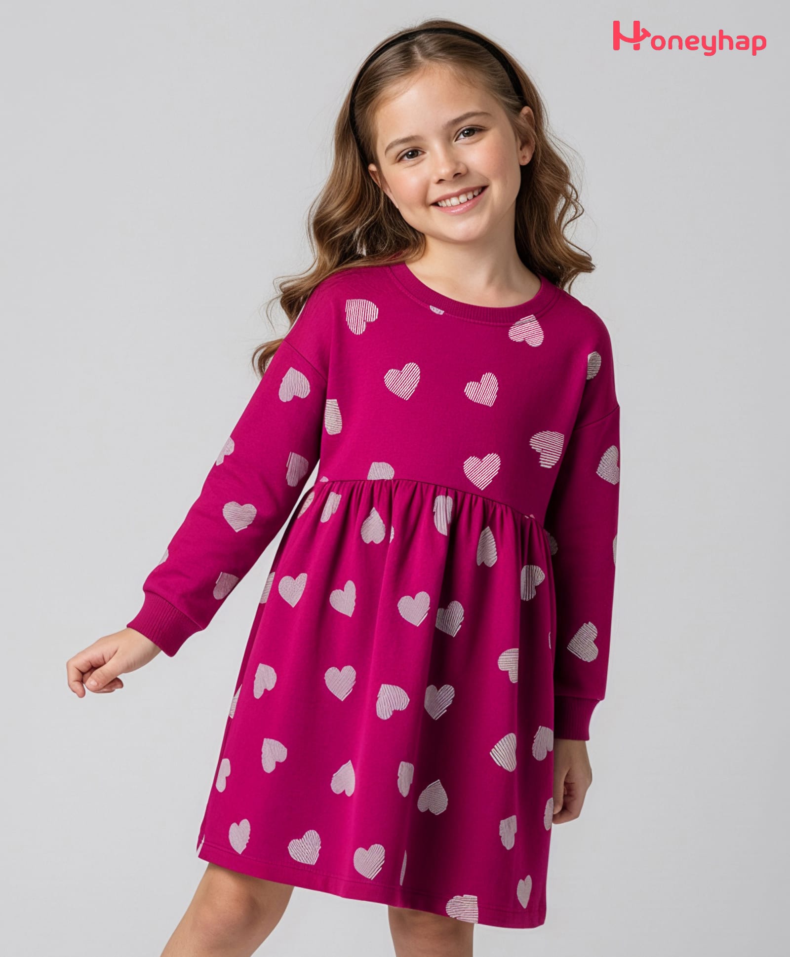 Honeyhap 100% Cotton Knit With Bio Finish Full Sleeves Winter Frock With Bow Print - Beet Red-picture-26