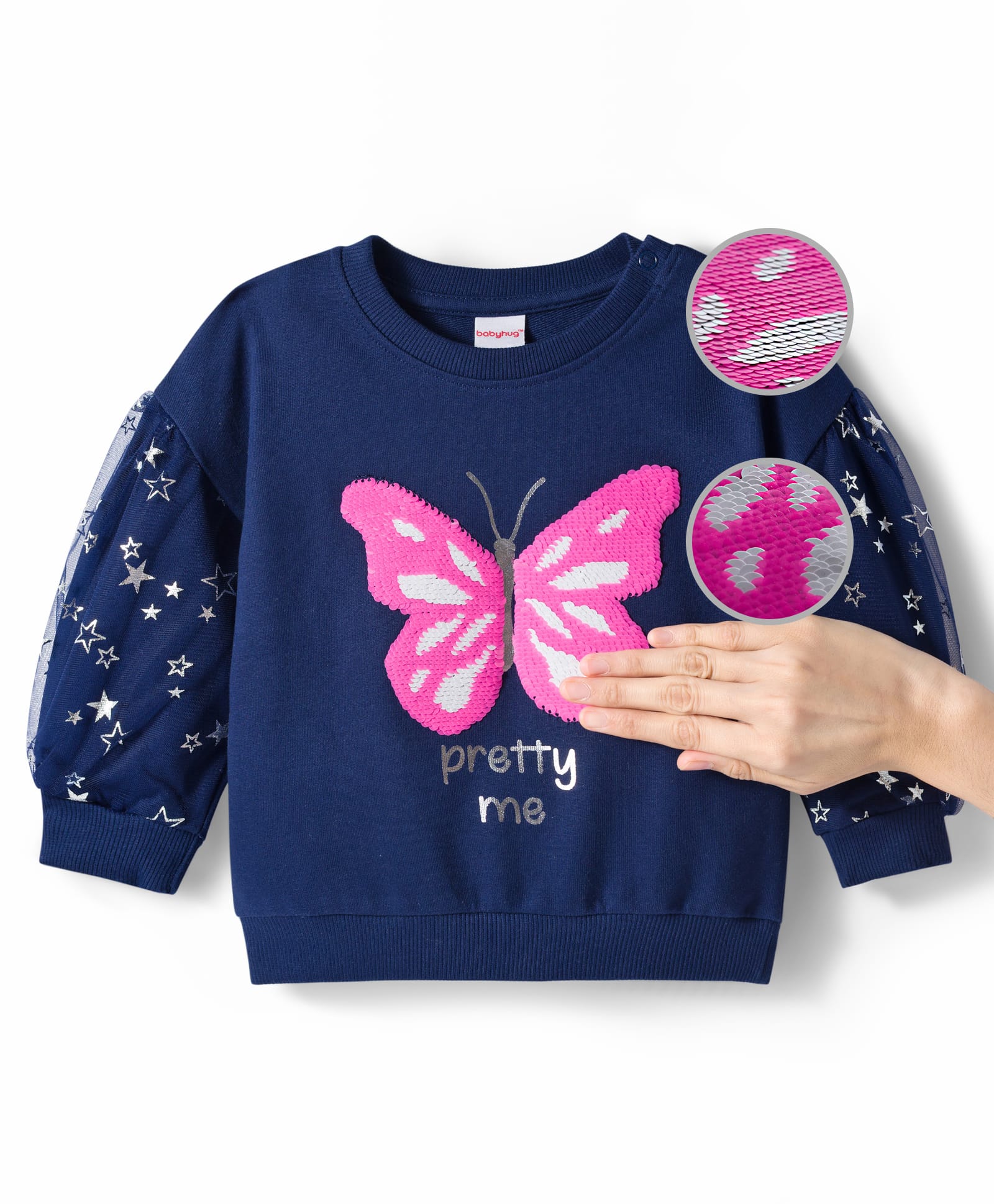 Babyhug Cotton Knit Full Sleeves Sweatshirt with Foil Print & Butterfly Reversible Sequin Detailing - Navy Blue
