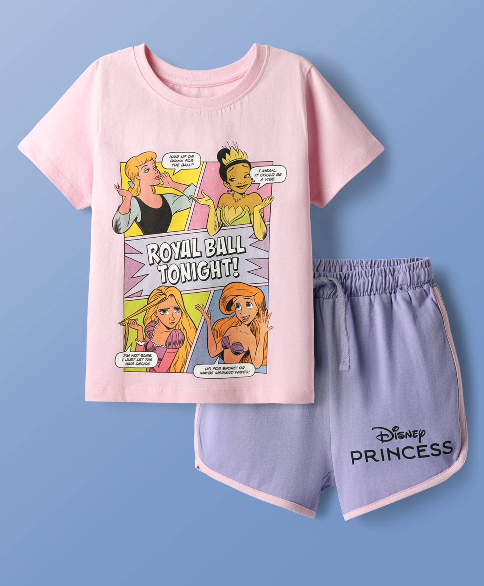 Pine Kids Disney Single Jersey Knit Half Sleeves Shorts Night Suit with Disney Princess Graphics - Pink & Lilac-image-18