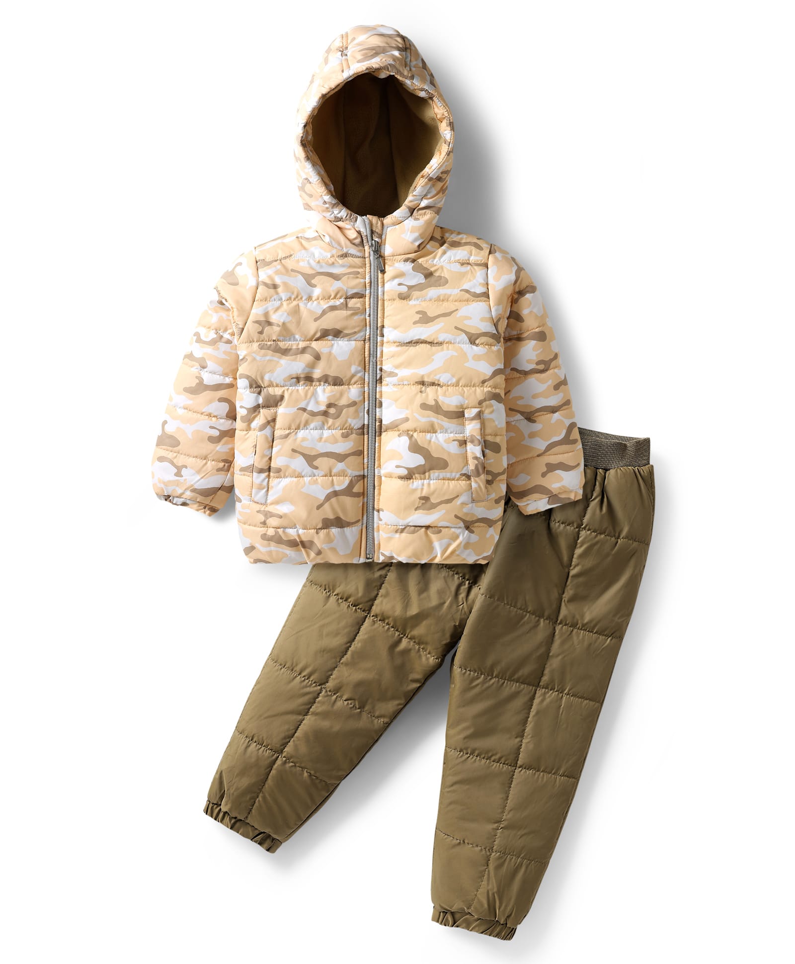 Babyhug Woven Full Sleeves Quilted Hooded Winter Wear Suit Set with Camouflage Print - Brown-picture-22