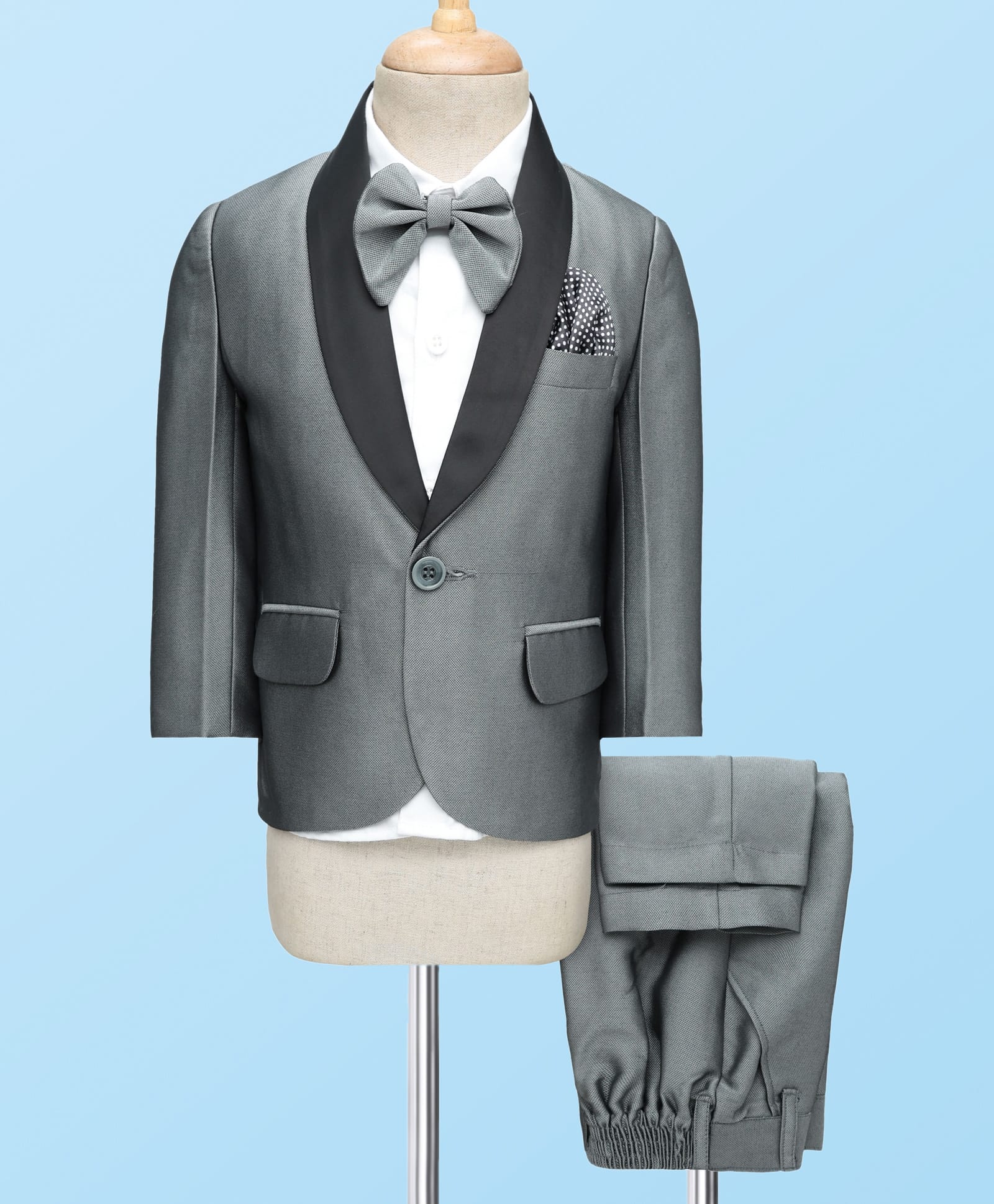 Robo Fry Cotton Woven Full Sleeves 3 Piece Solid Colour Party Suit With A Bow - Grey-picture-36