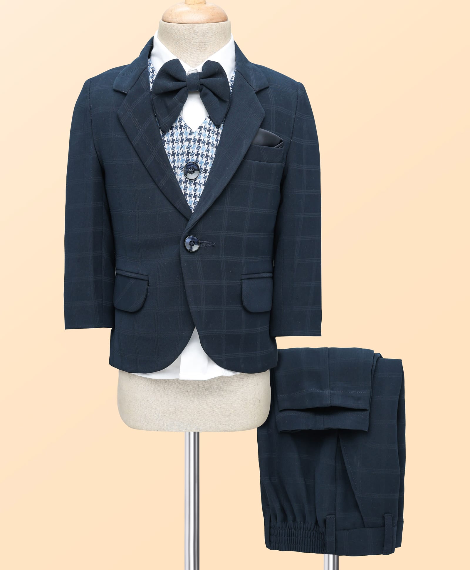 Robo Fry Cotton Woven Full Sleeves 4 Piece Checkered Party Suit With A Bow - Navy Blue-picture-40